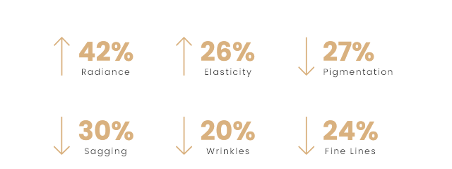 A chart showing percentages of skin concerns: 42% Radiance, 26% Elasticity, 27% Pigmentation, 30% Sagging, 20% Wrinkles, and 24% Fine Lines.