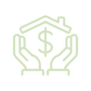 Outline of a house with a dollar sign inside, held by two hands