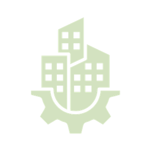 A stylized icon of three buildings with windows and a gear at the bottom, representing urban infrastructure or city planning.