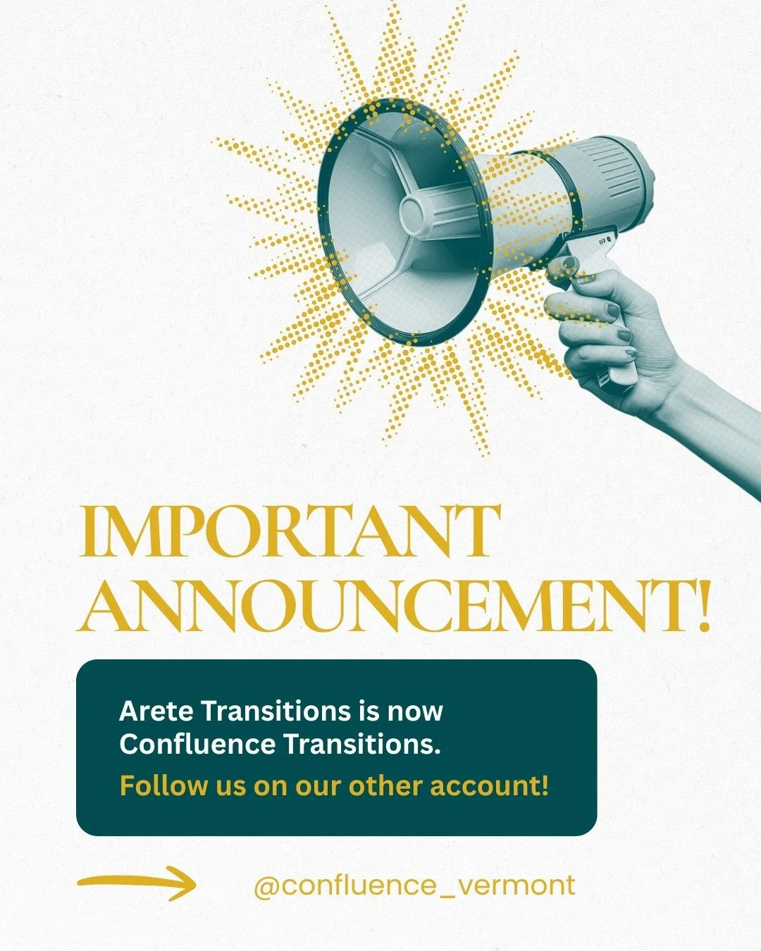 It's official! We've been talking about it for quite some time, but we finally have made the transitions (no pun intended) from Arete Transitions to Confluence Transitions! Have no fear: our robust program and dedicated staff remain the same! Follow 