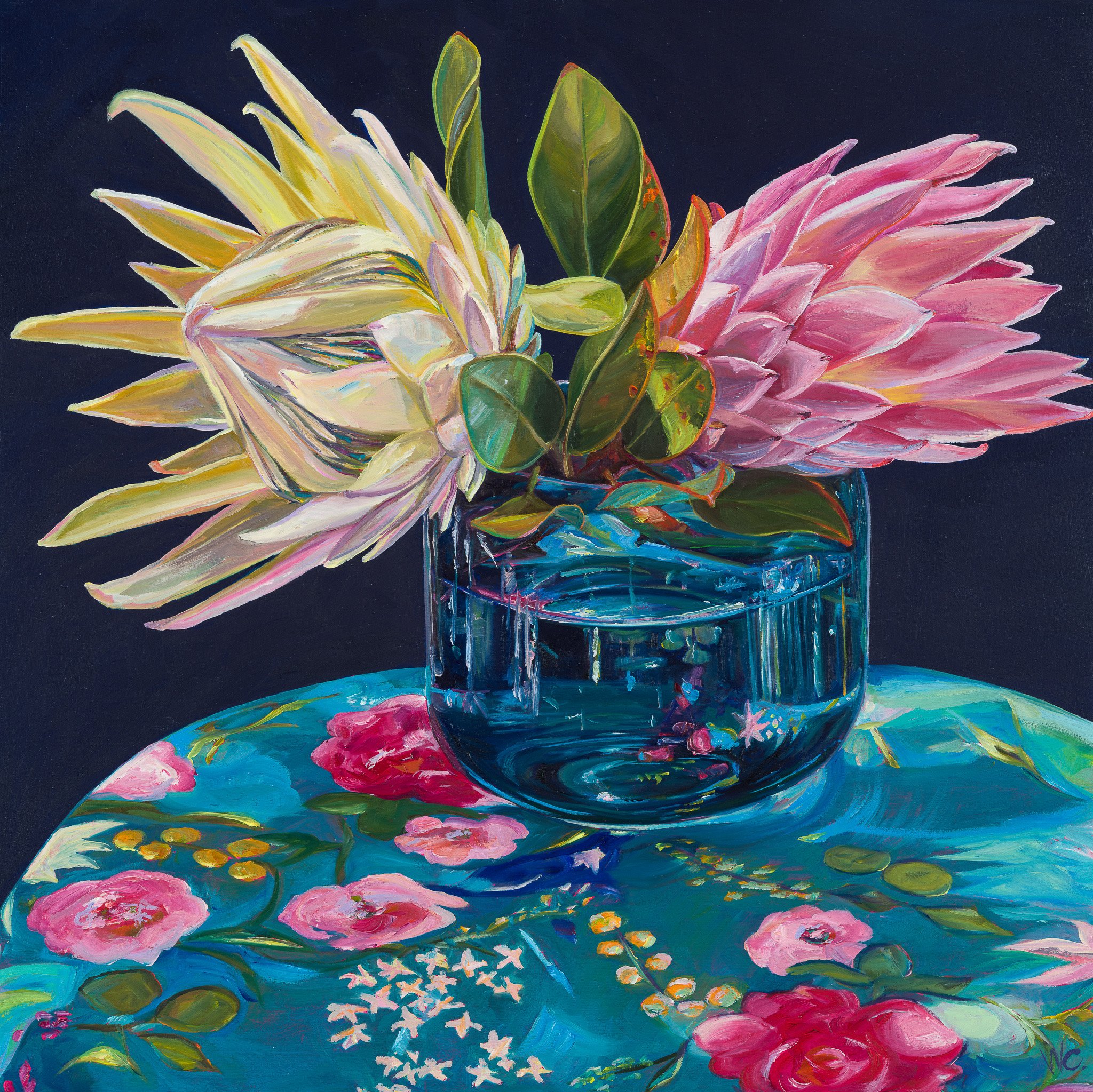 2 king proteas in blue on Nani Iro 12x12 2022.jpeg