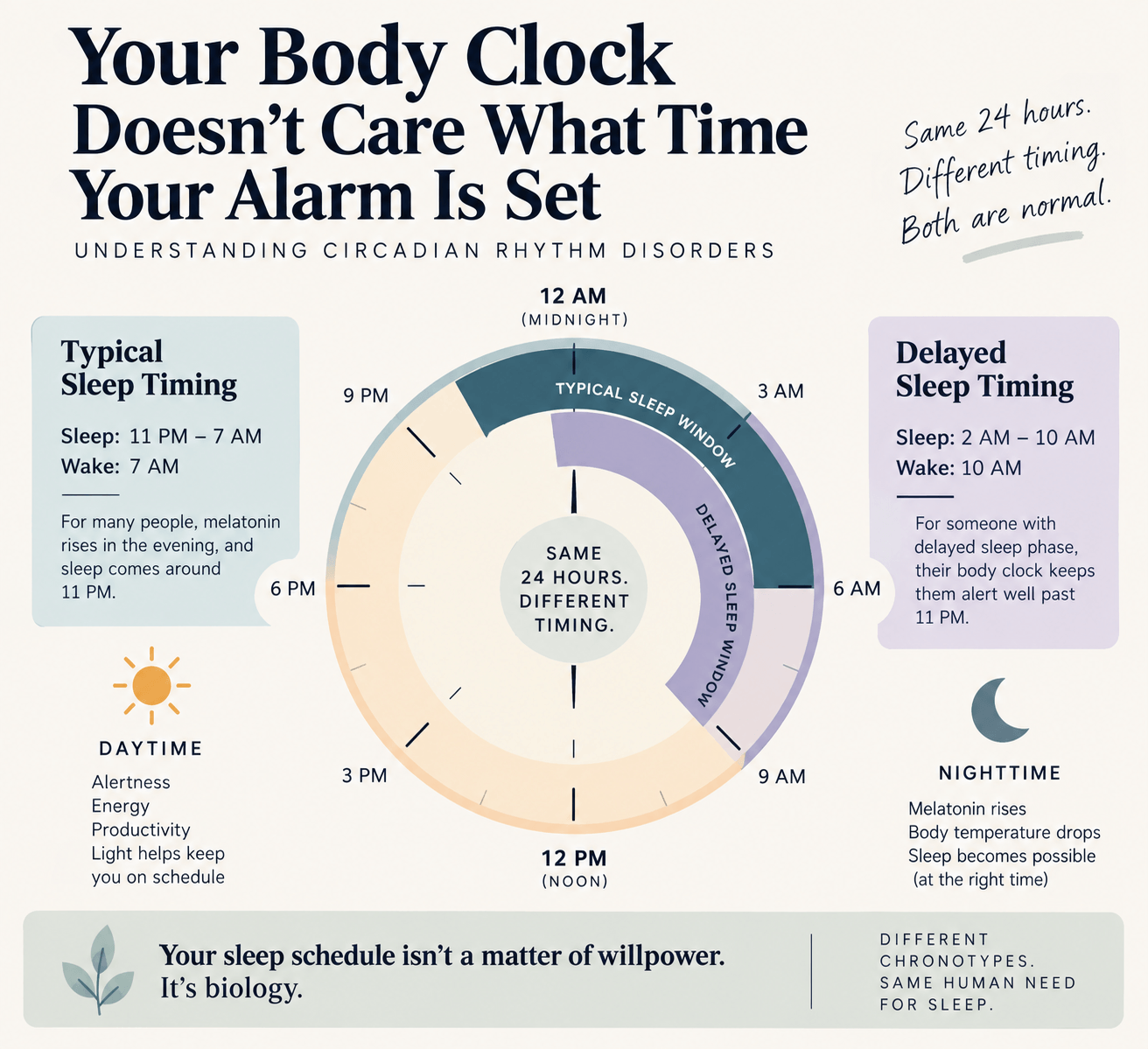 Illustration comparing typical and delayed sleep timing on a 24-hour body clock.