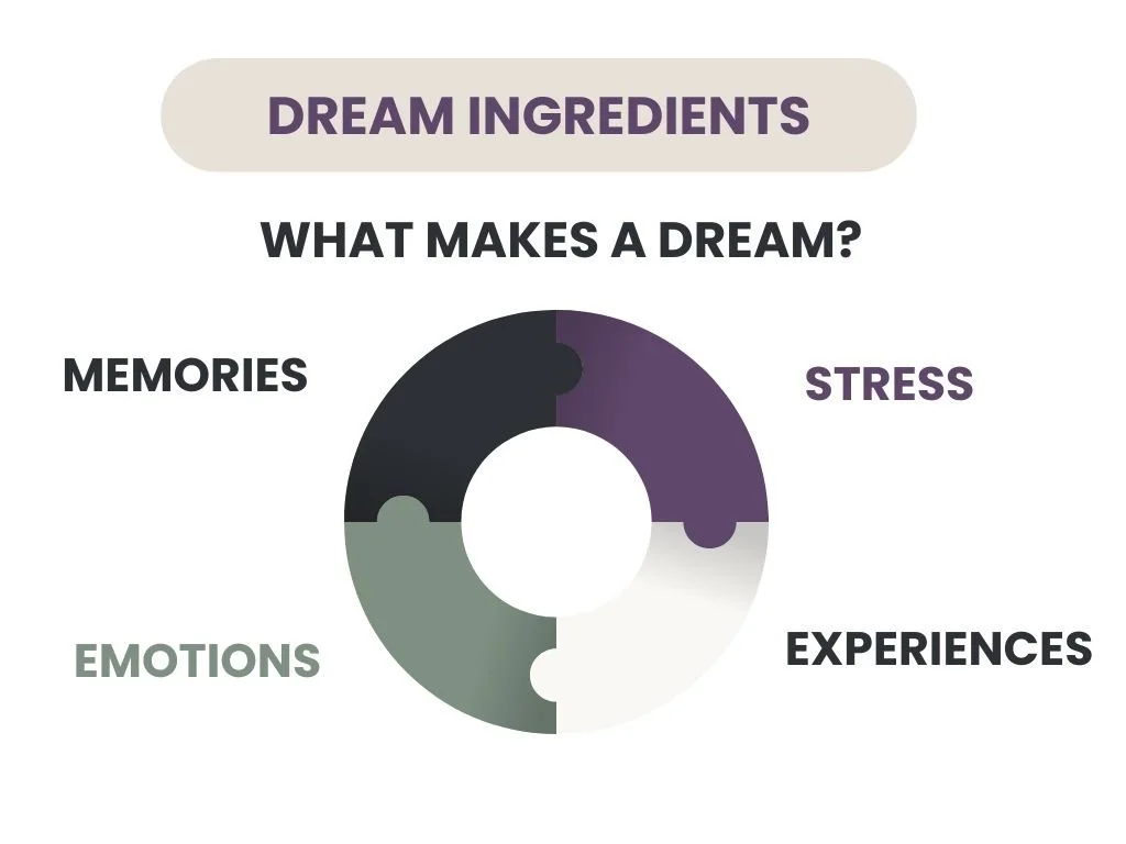 Illustration showing memories, emotions, stress, and experiences contributing to dream content.