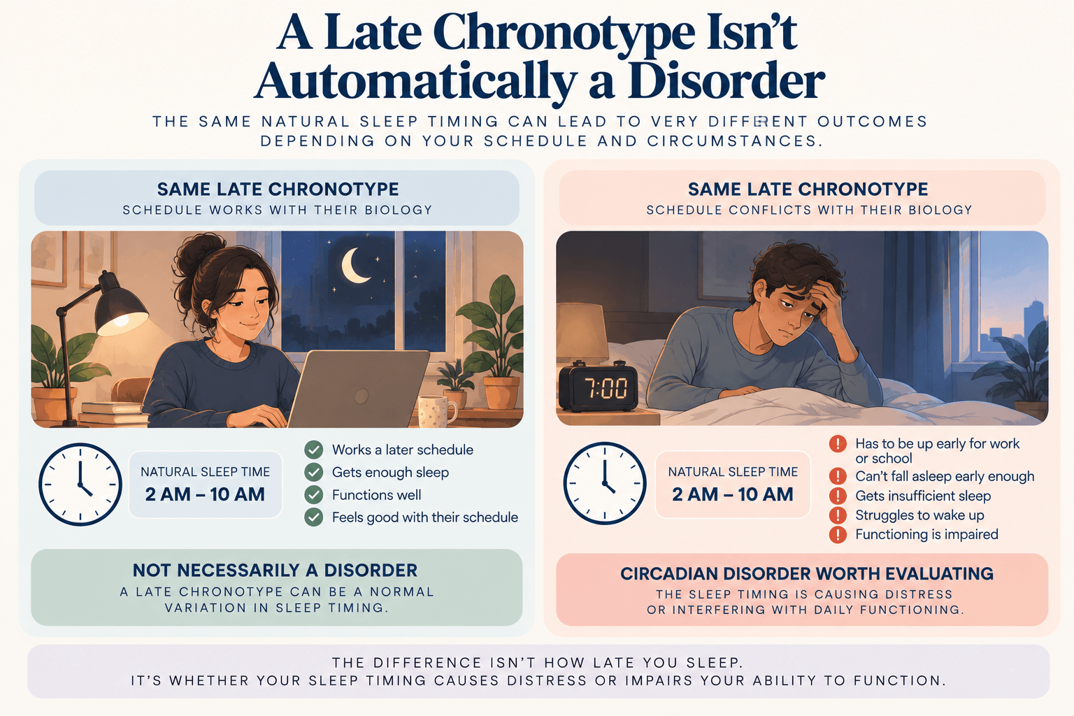 Comparison of two late chronotypes showing how distress or impaired functioning helps distinguish delayed sleep phase disorder from normal evening preference.