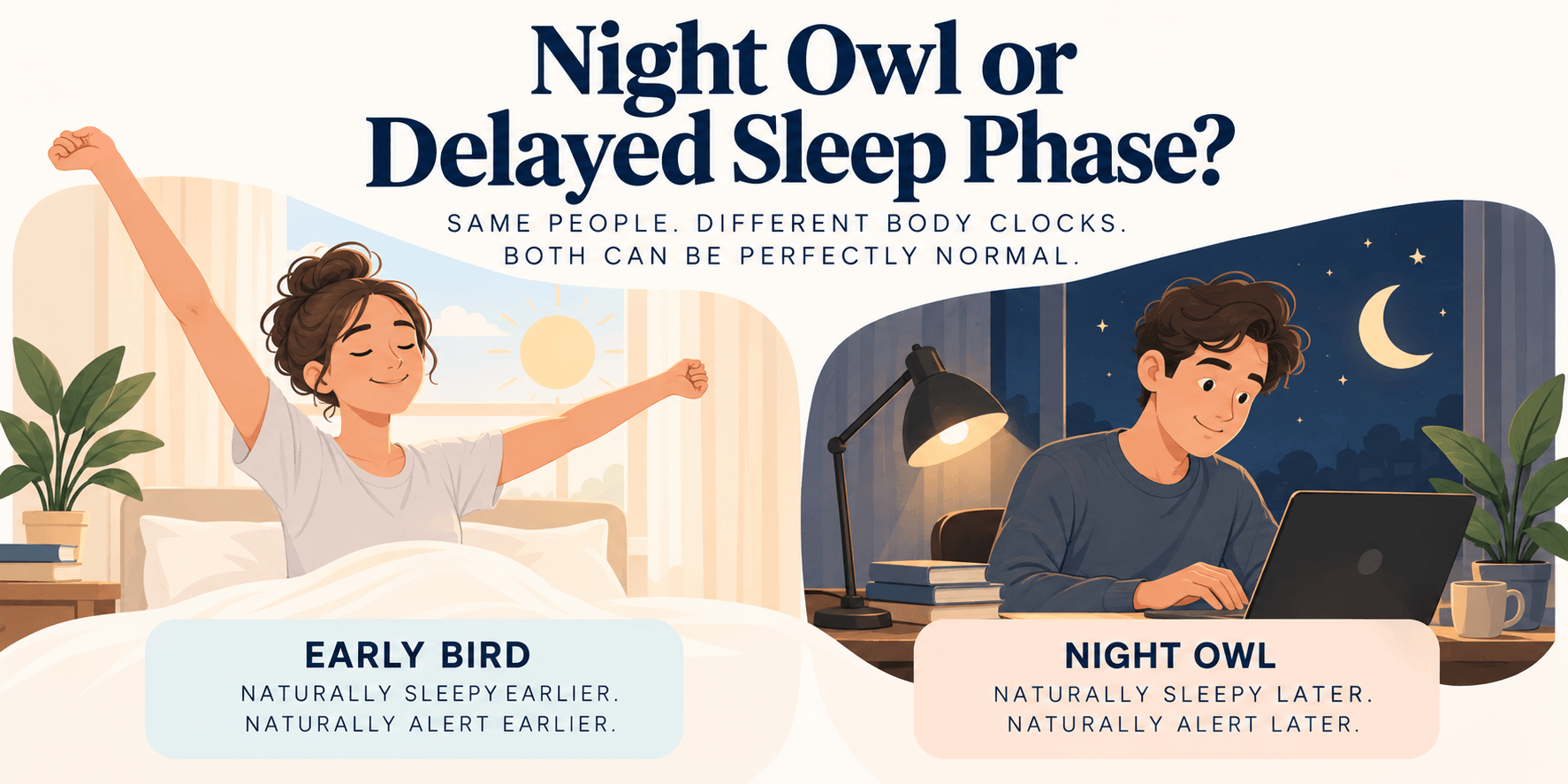 Illustration contrasting an early riser and a night owl, both alert and productive at different times of day.