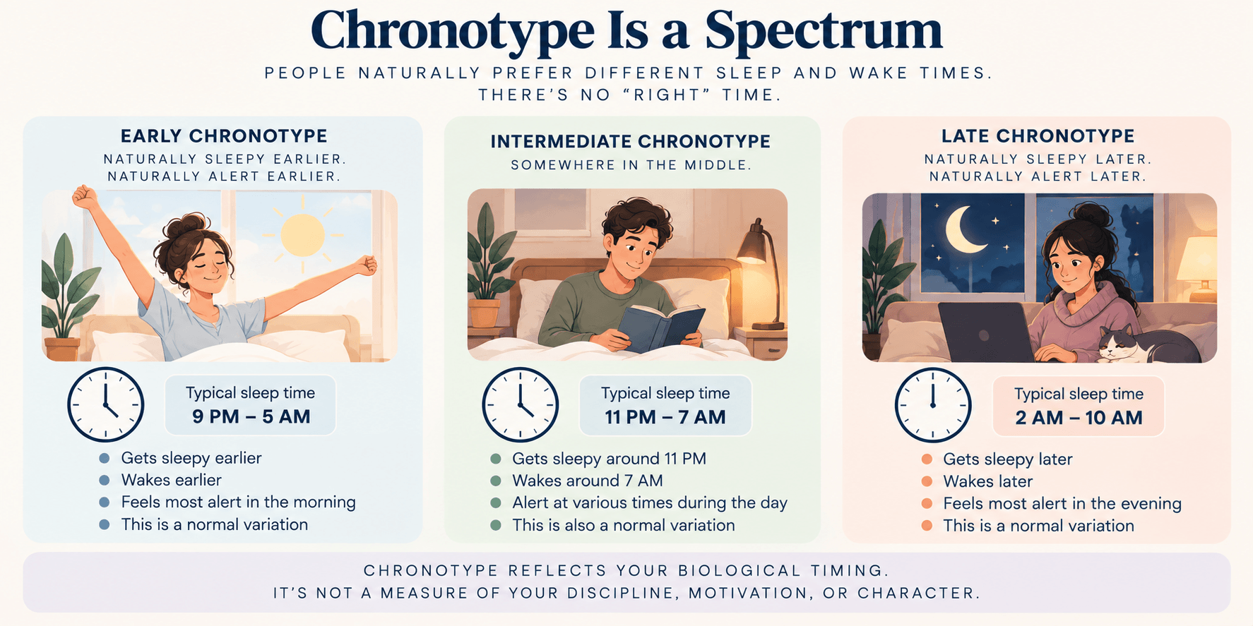 Spectrum showing early, intermediate, and late chronotypes with example natural sleep and wake times.