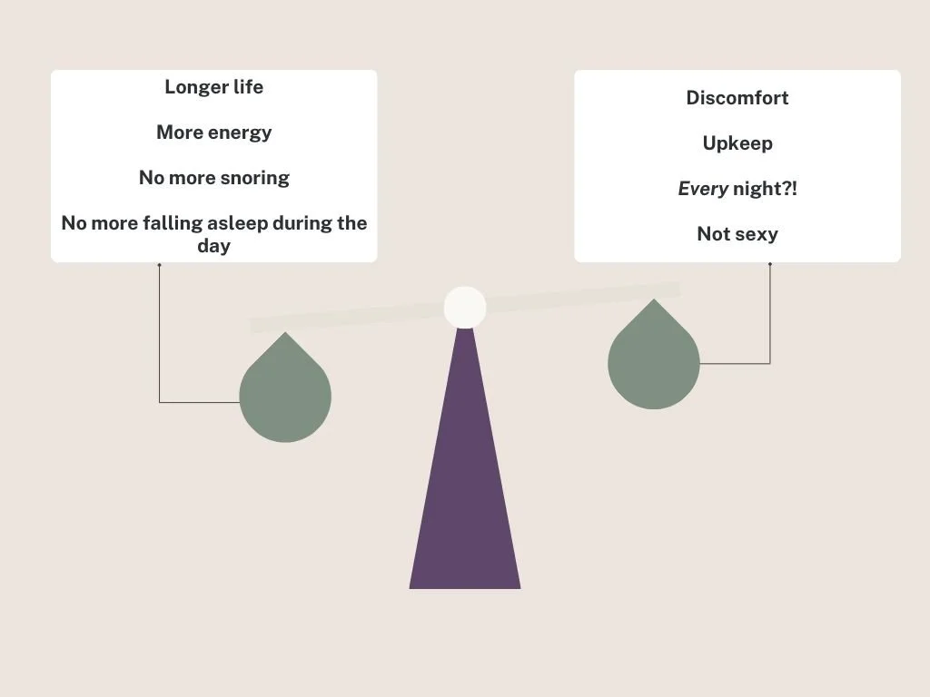 Balance scale illustrating ambivalence about CPAP therapy, with benefits such as longer life, more energy, and reduced snoring on one side and concerns such as discomfort, maintenance, daily use, and self-consciousness on the other.