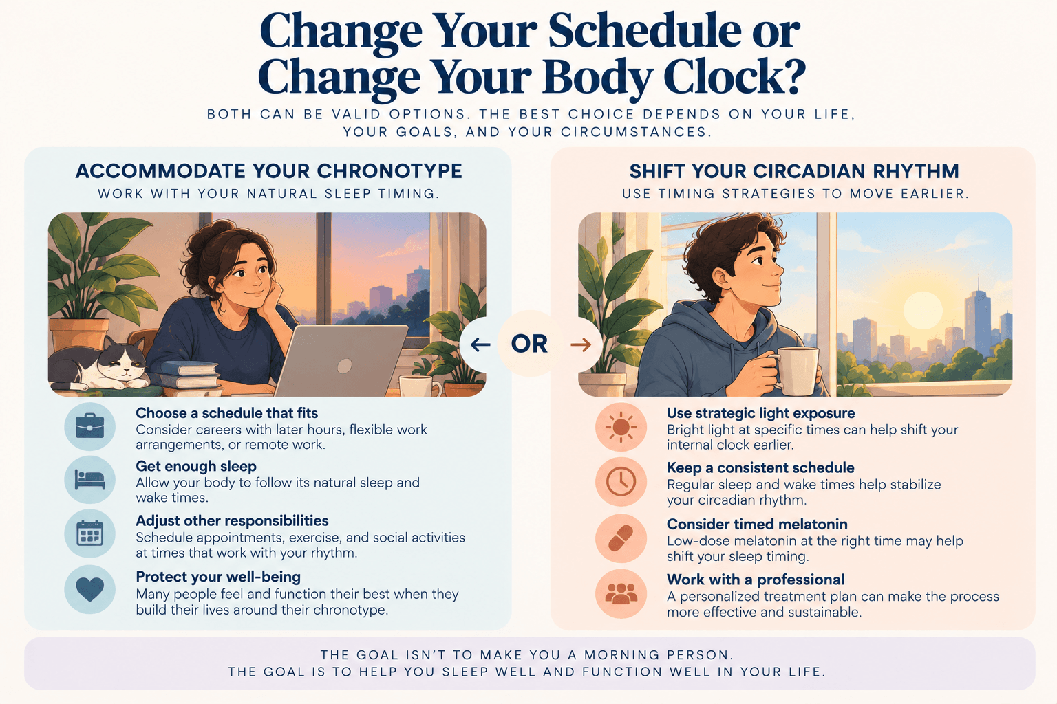 Diagram showing two options for late chronotypes: accommodating natural sleep timing or shifting the circadian rhythm earlier.