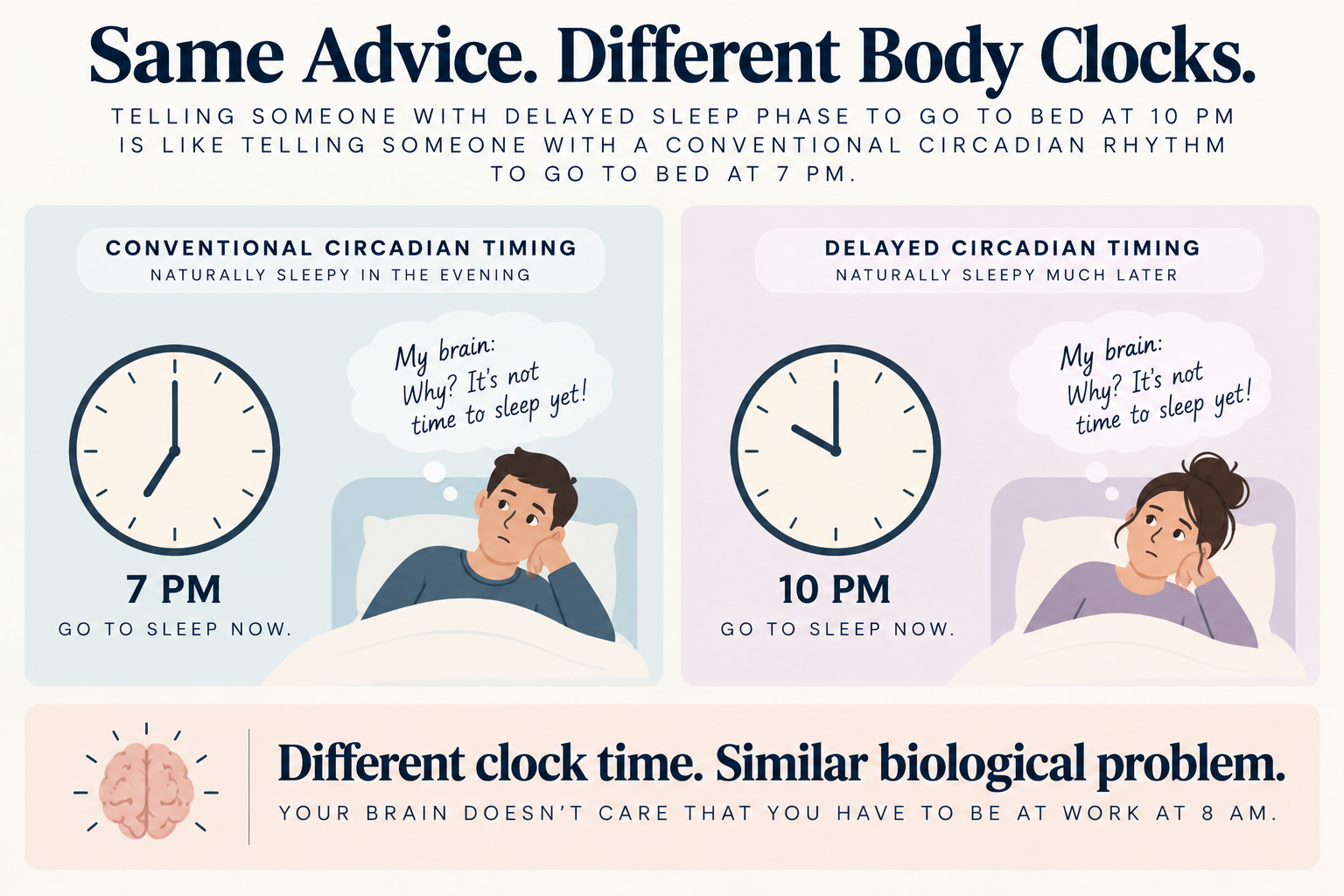 Comparison showing that asking someone with delayed sleep phase to sleep at 10 PM can be biologically similar to asking someone with conventional circadian timing to sleep at 7 PM.
