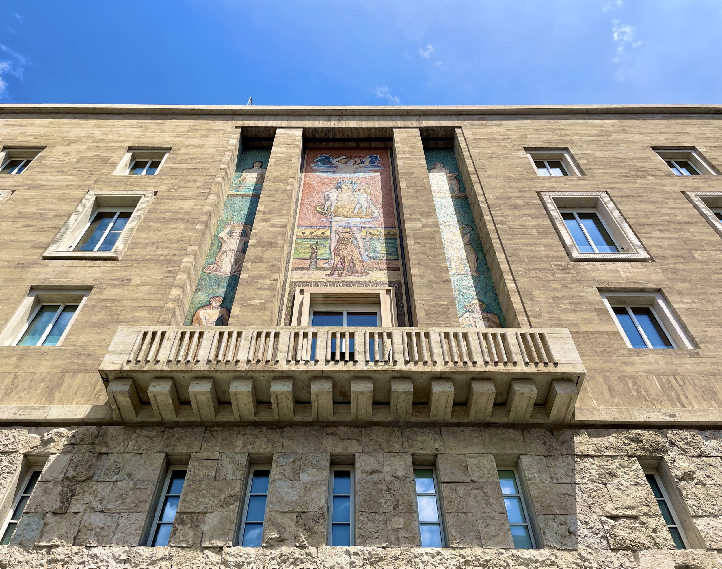 Fascist mosaics restored on the facade of Bulgari hotel. Photographed by Erin Hobbs.