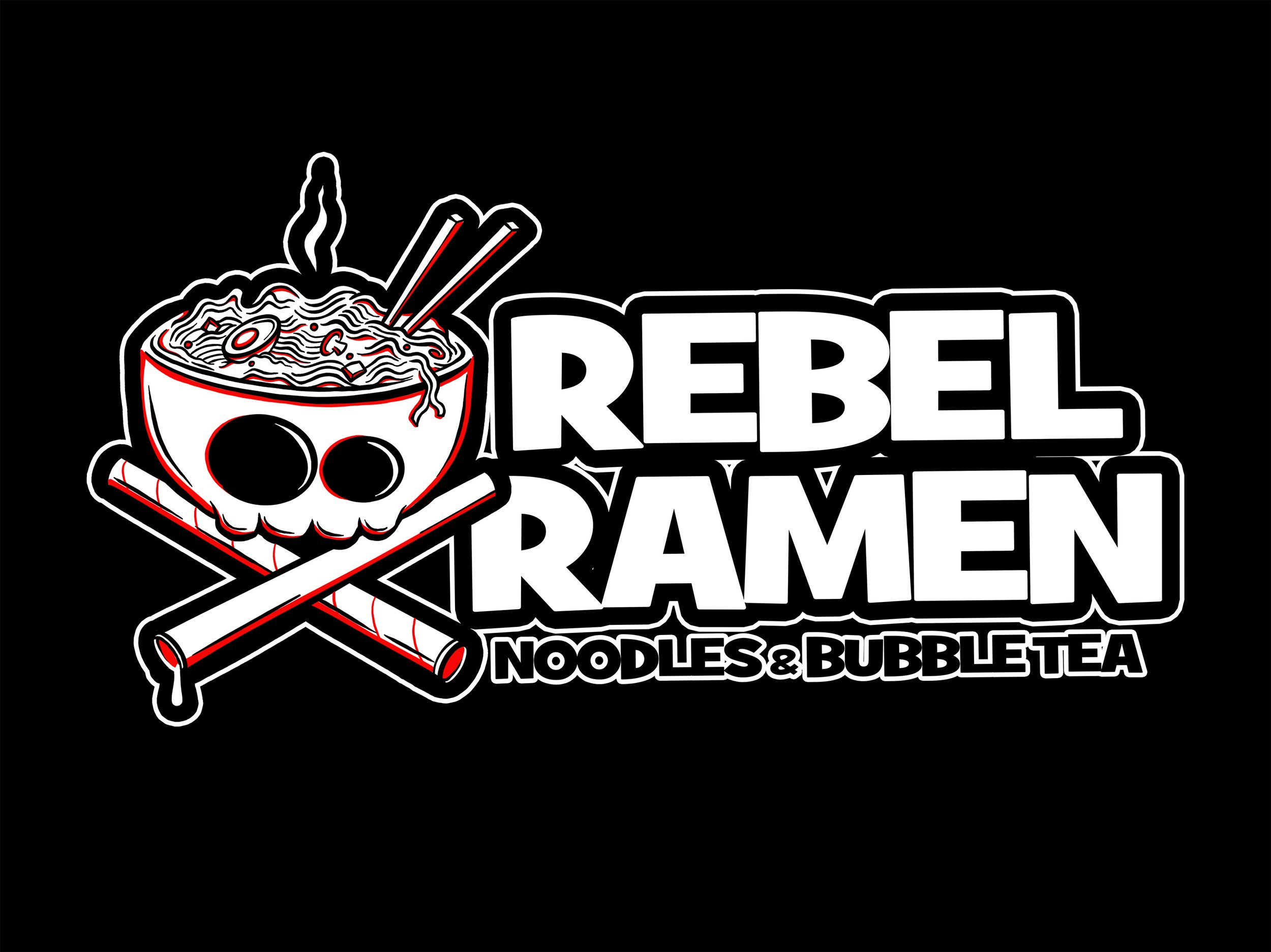 Logo featuring a bowl with ramen noodles and chopsticks, styled like a skull, above crossed sticks. Text reads "Rebel Ramen Noodles & Bubble Tea" in bold letters on a black background.