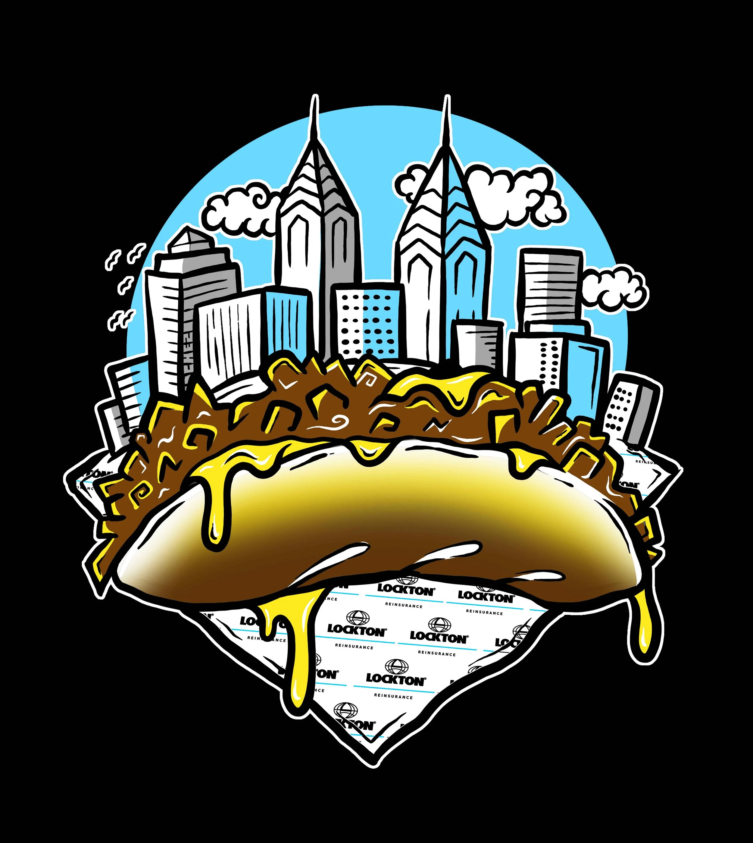Illustration of a cheesesteak sandwich with Philadelphia skyline in the background, featuring skyscrapers and clouds.