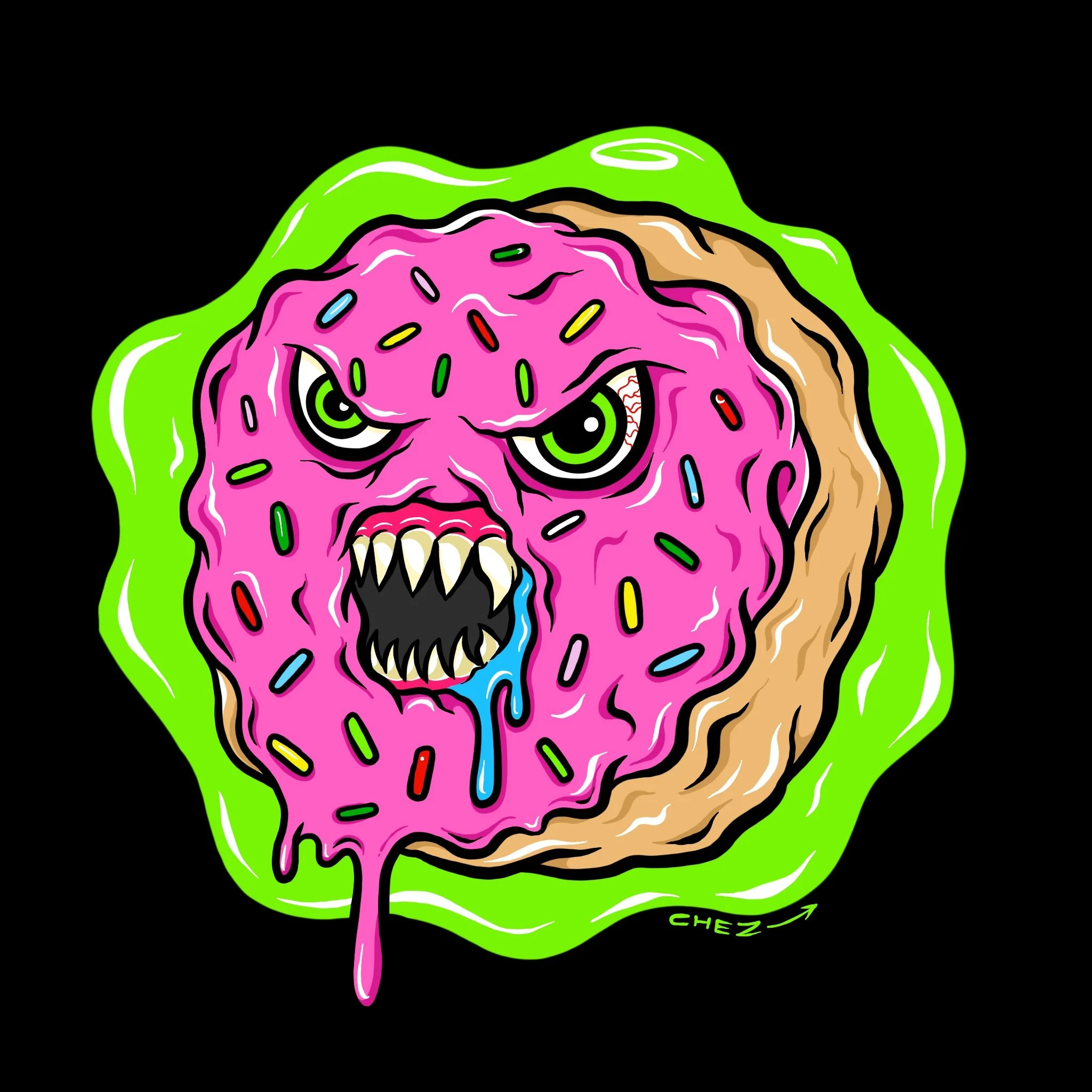 Illustration of a donut with pink icing and sprinkles, transformed into a monster with sharp teeth and angry eyes, set against a black background and surrounded by a green aura.  Illustration by Hey Chez / David Chez – Wilmington, DE