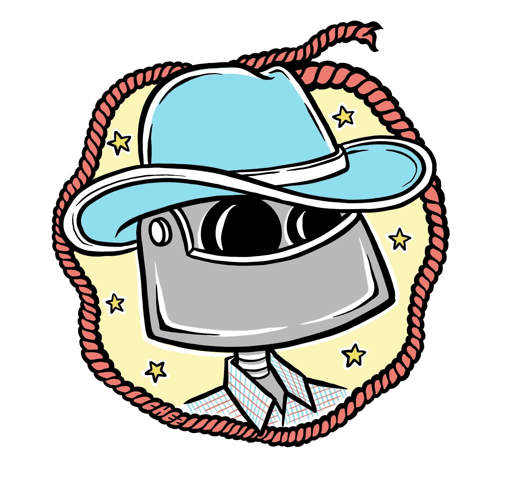 Artist David Chez - Cartoon robot with cowboy hat and bandana, surrounded by stars and rope border. Illustration by Hey Chez / David Chez – Wilmington, DE