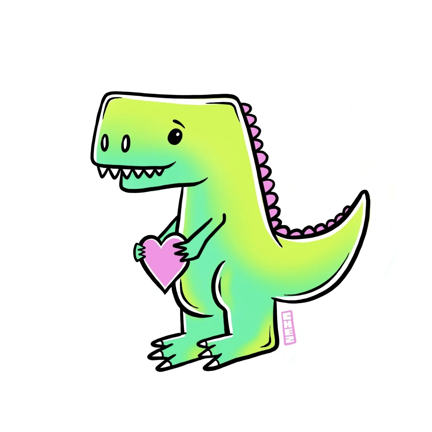 Artist David Chez - Cute cartoon dinosaur holding a pink heart. Illustration by Hey Chez / David Chez – Wilmington, DE