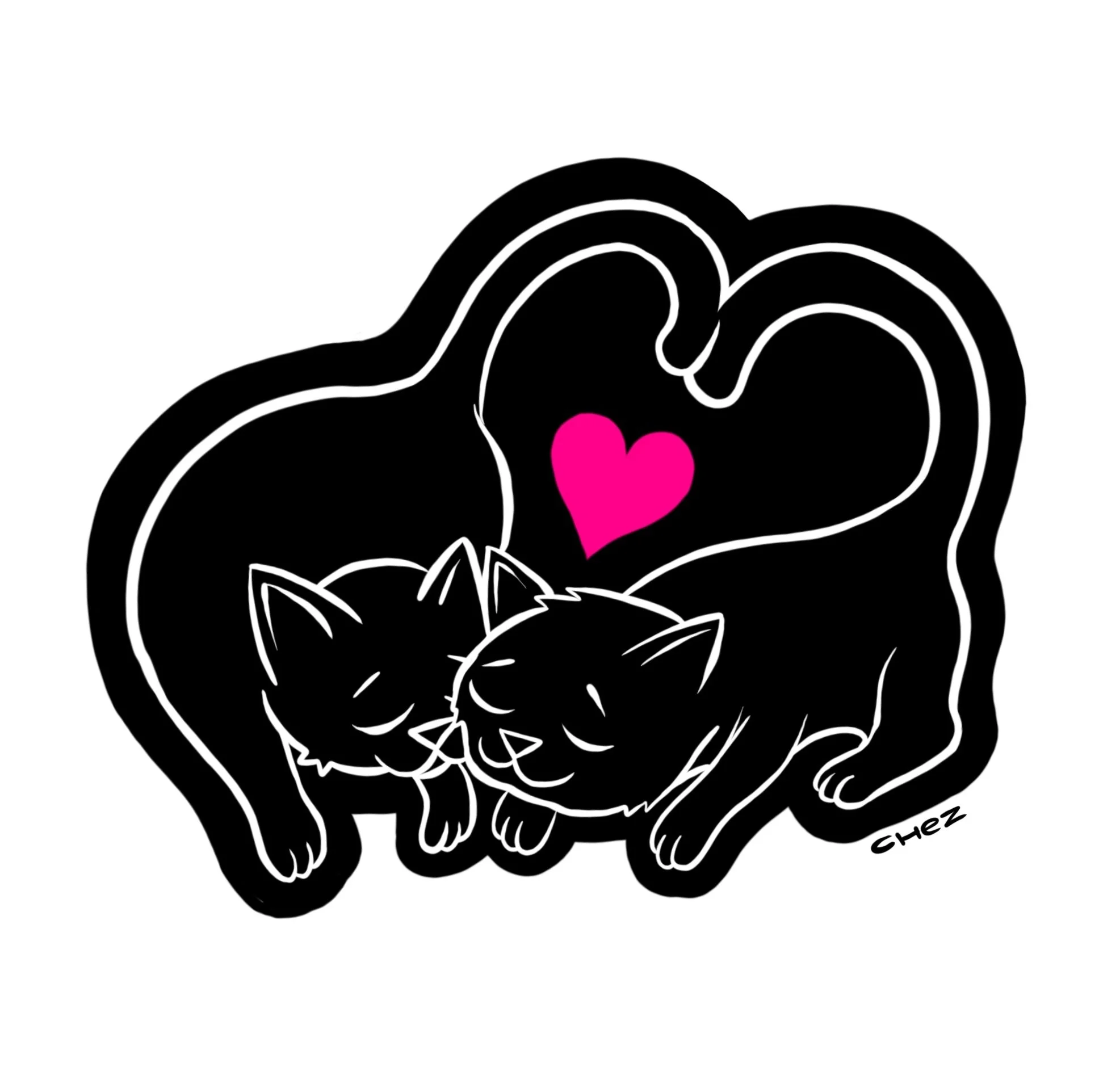 Artist David Chez - Illustration of two cats facing each other, with curved tails forming a heart shape. A pink heart is placed between them.  By Hey Chez / David Chez – Wilmington, DE