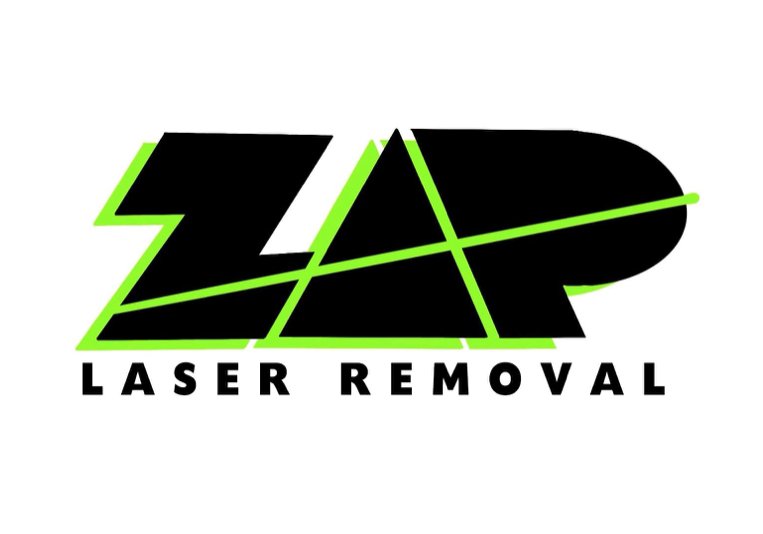 Zap Laser Removal logo with green outlines and a diagonal line across the word 'Zap'.