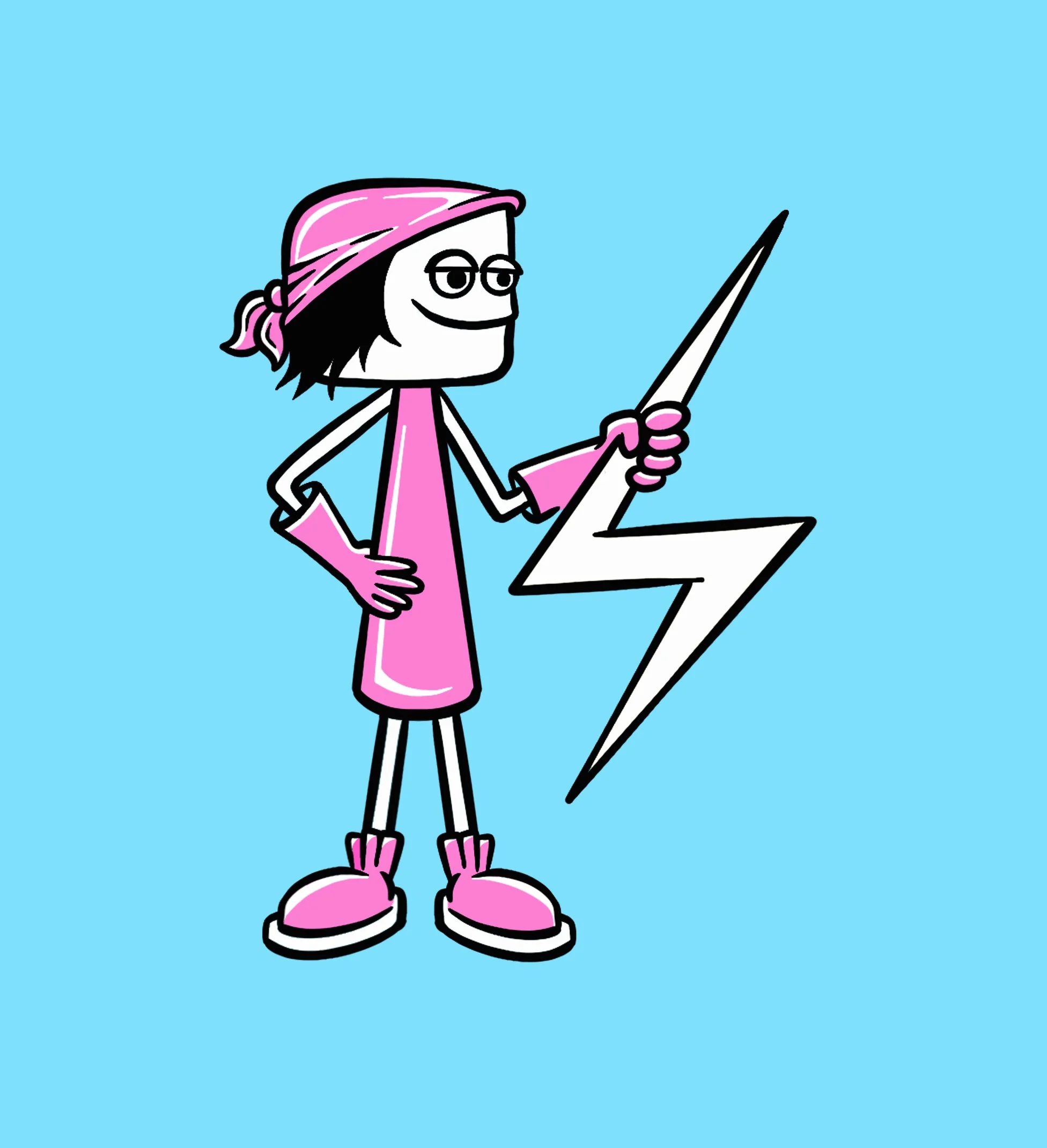 Cartoon character in pink outfit holding lightning bolt on blue background
