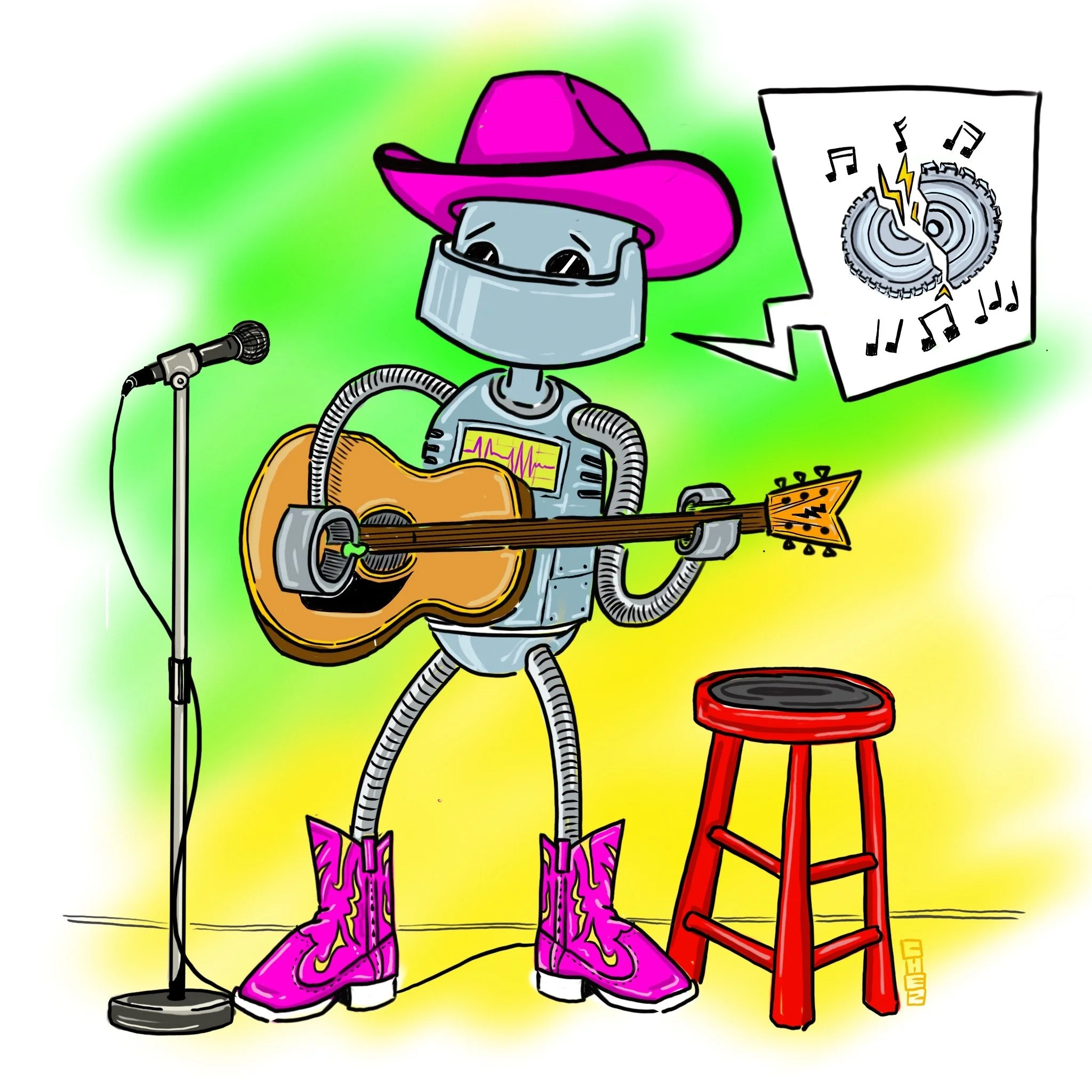 Cartoon robot with pink cowboy hat and boots playing guitar next to a microphone and stool, with musical notes in a speech bubble. CHEZ