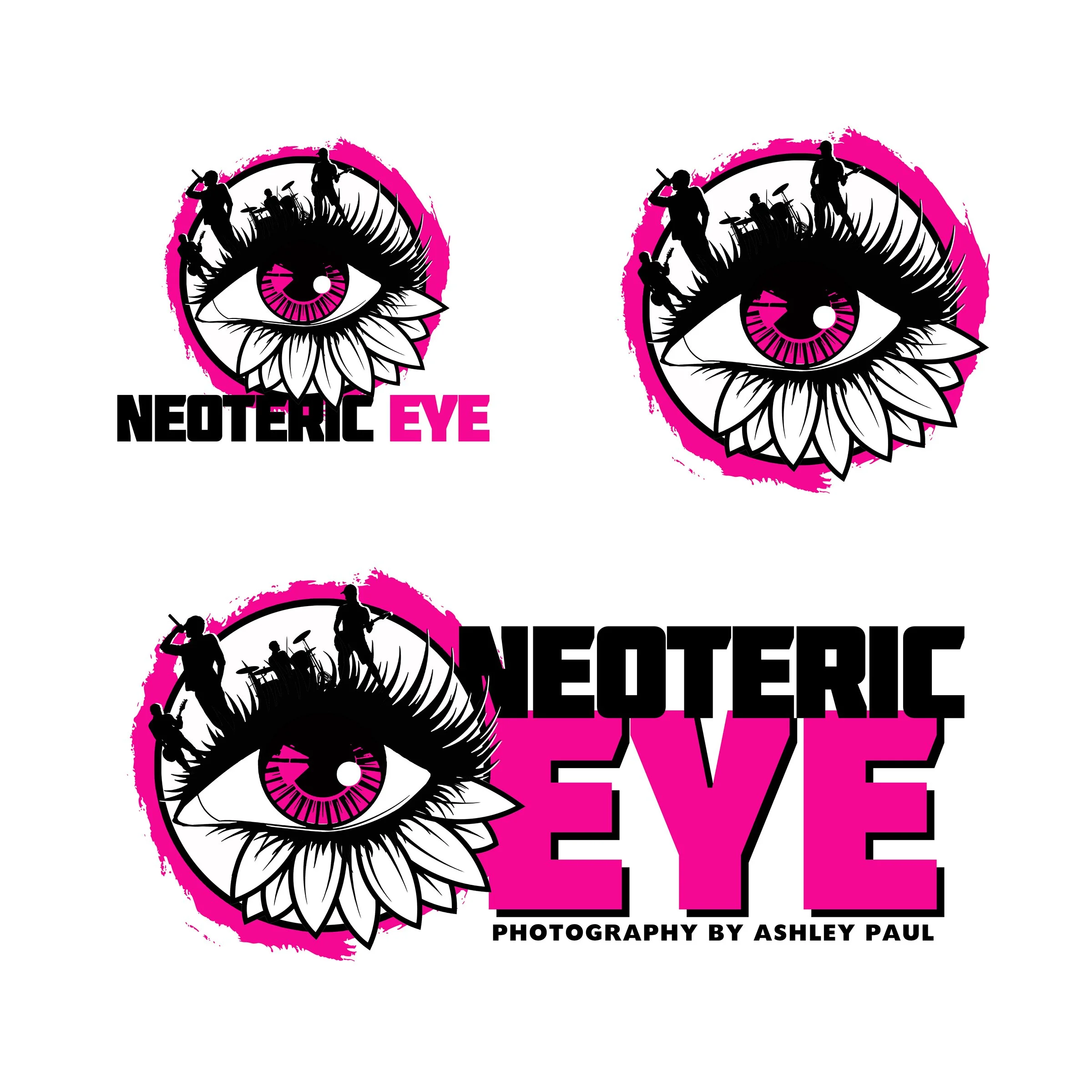 Logo for "Neoteric Eye Photography by Ashley Paul," featuring an eye with a pink iris surrounded by floral petals. Musicians and their equipment are silhouetted around the eye. The design includes bold pink and black text.