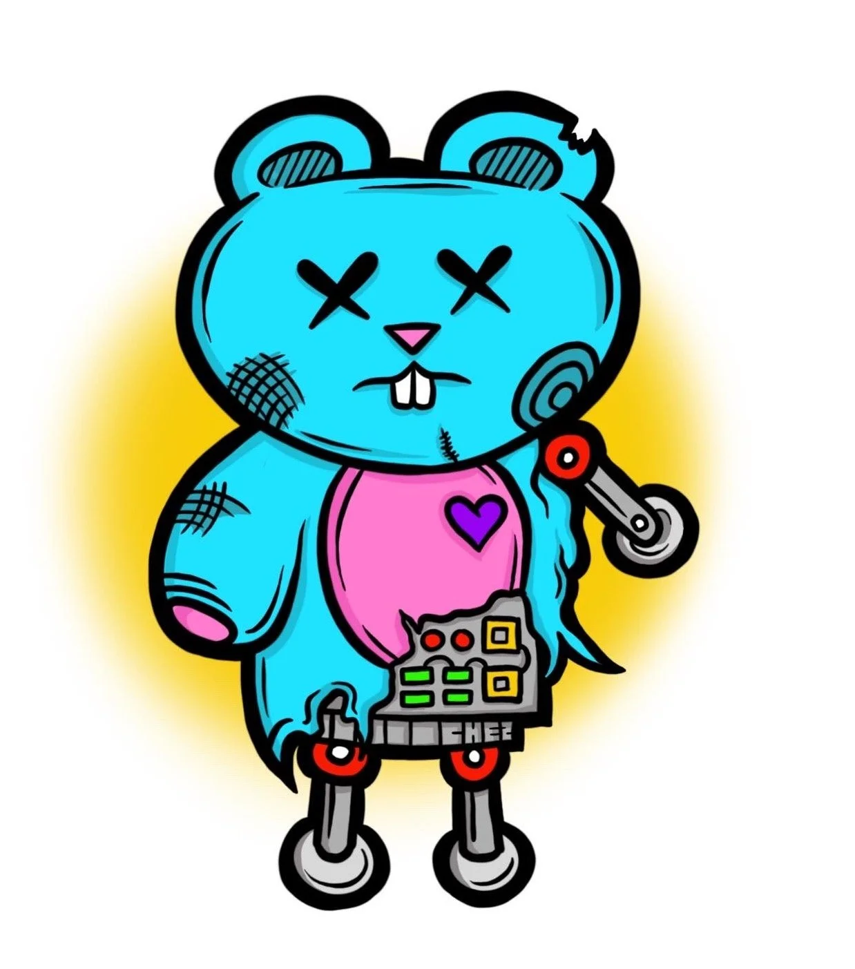 Artist David Chez - Cartoon blue robot bear with pink chest, robotic limbs, heart symbol, and circuit details on belly. Yellow glow background.  Illustration by Hey Chez / David Chez – Wilmington, DE