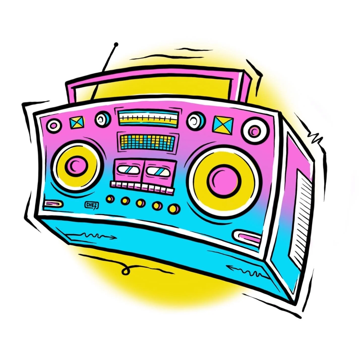 Colorful boombox illustration with pink, blue, and yellow hues on a white background.  Illustration by Hey Chez / David Chez – Wilmington, DE