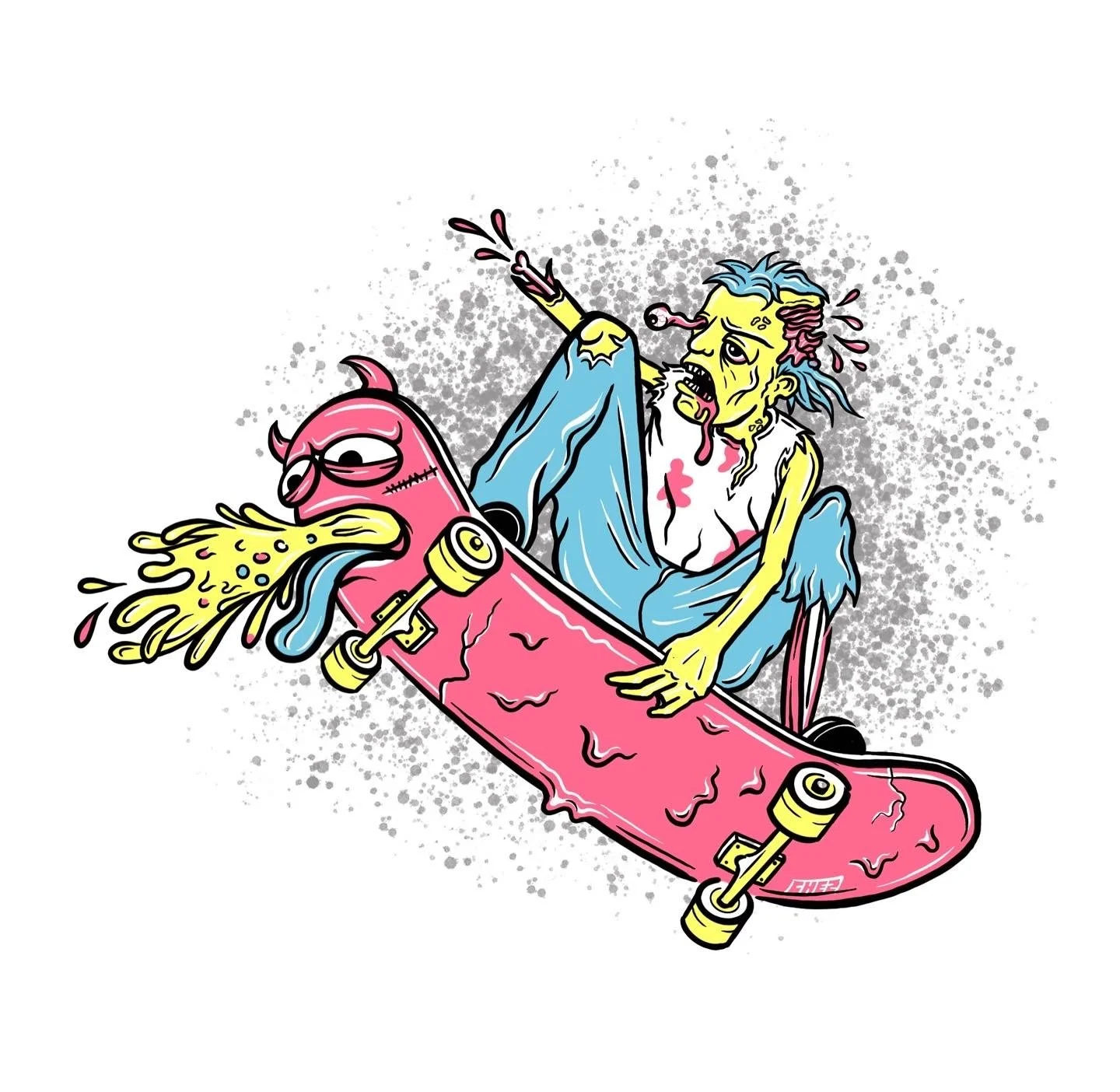 Artist David Chez - Colorful illustration of a zombie riding a vomit-spewing skateboard with a gritty, splattered background. Illustration by Hey Chez / David Chez – Wilmington, DE