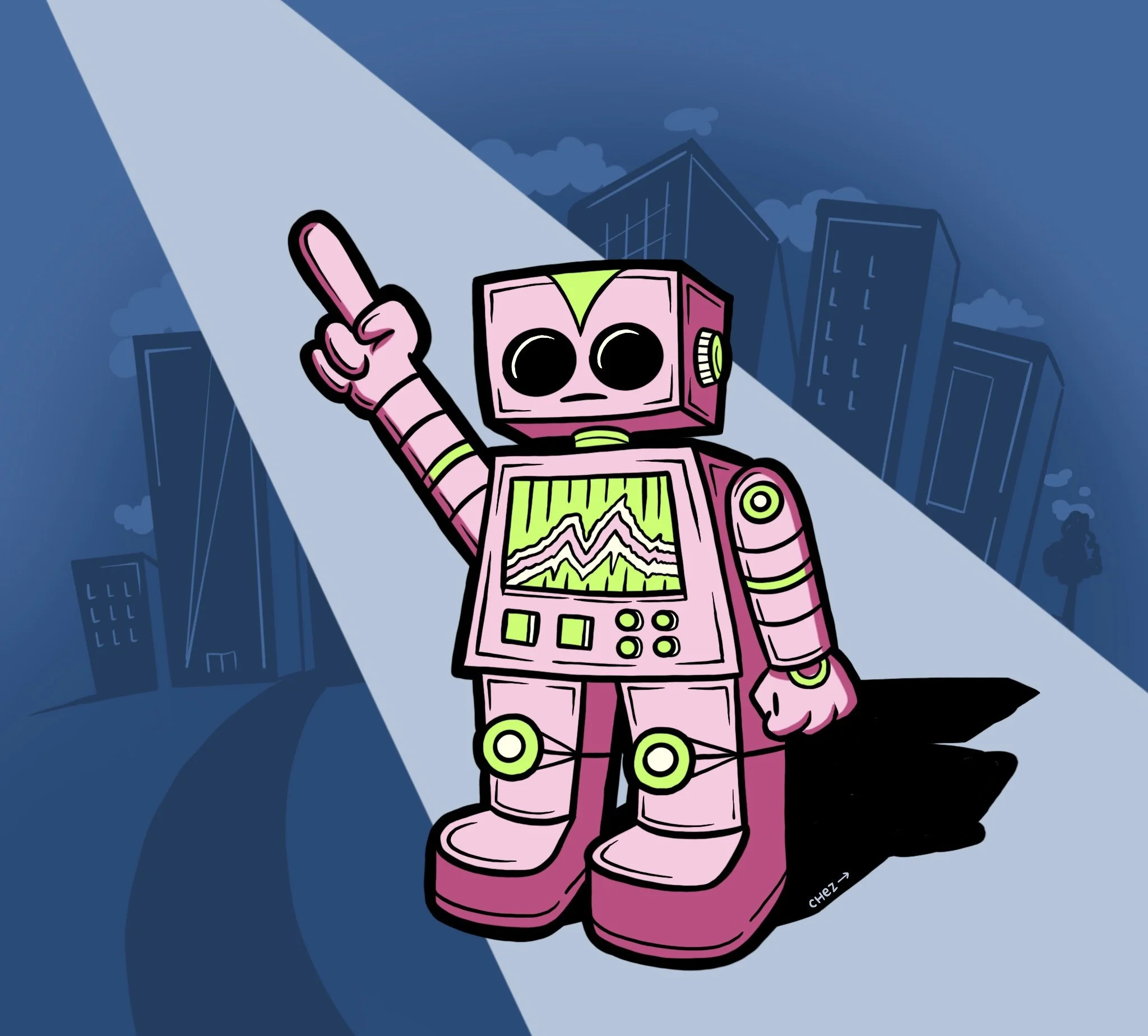 Artist David Chez - Cartoon pink robot with one arm raised, standing in a cityscape under a spotlight. Illustration by Hey Chez / David Chez – Wilmington, DE