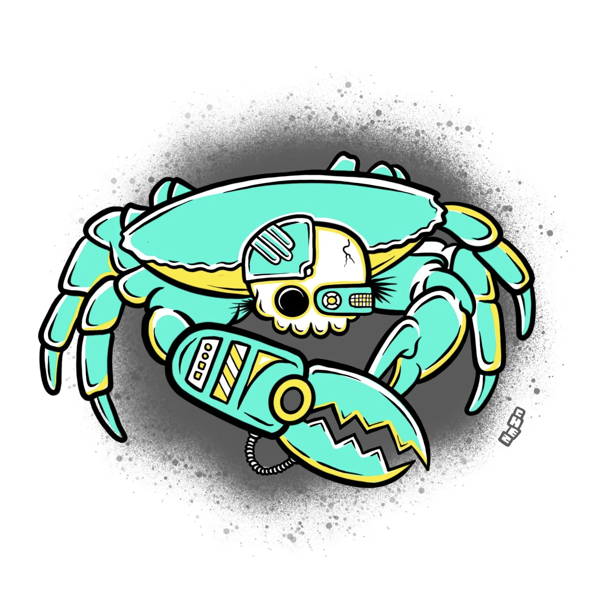 Artist David Chez - Illustration of a robotic crab with a mechanical claw and painted in shades of turquoise and yellow on a textured background.  Illustration by Hey Chez / David Chez – Wilmington, DE