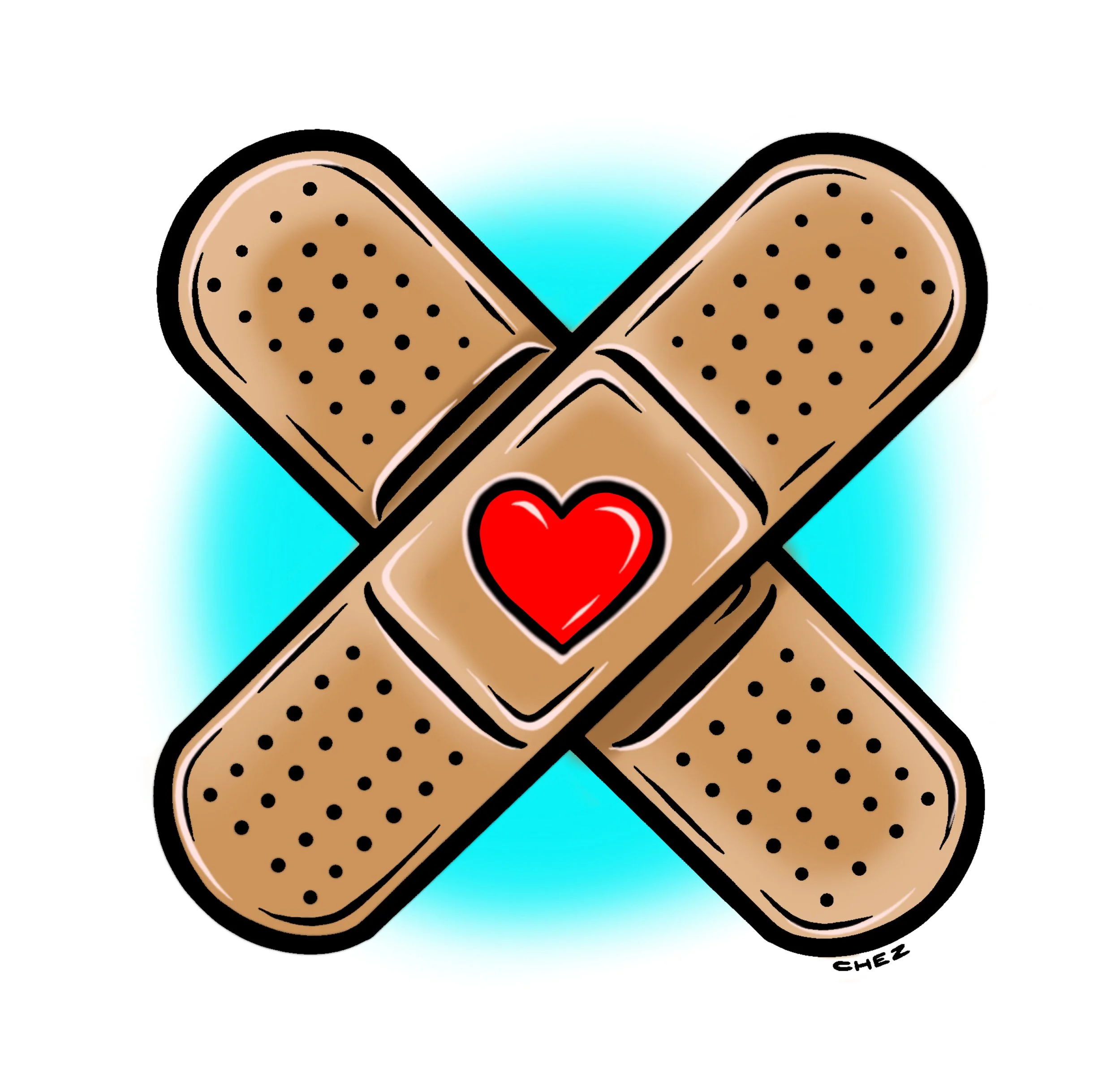 Two crossed bandages with a red heart in the center, on a light blue background.