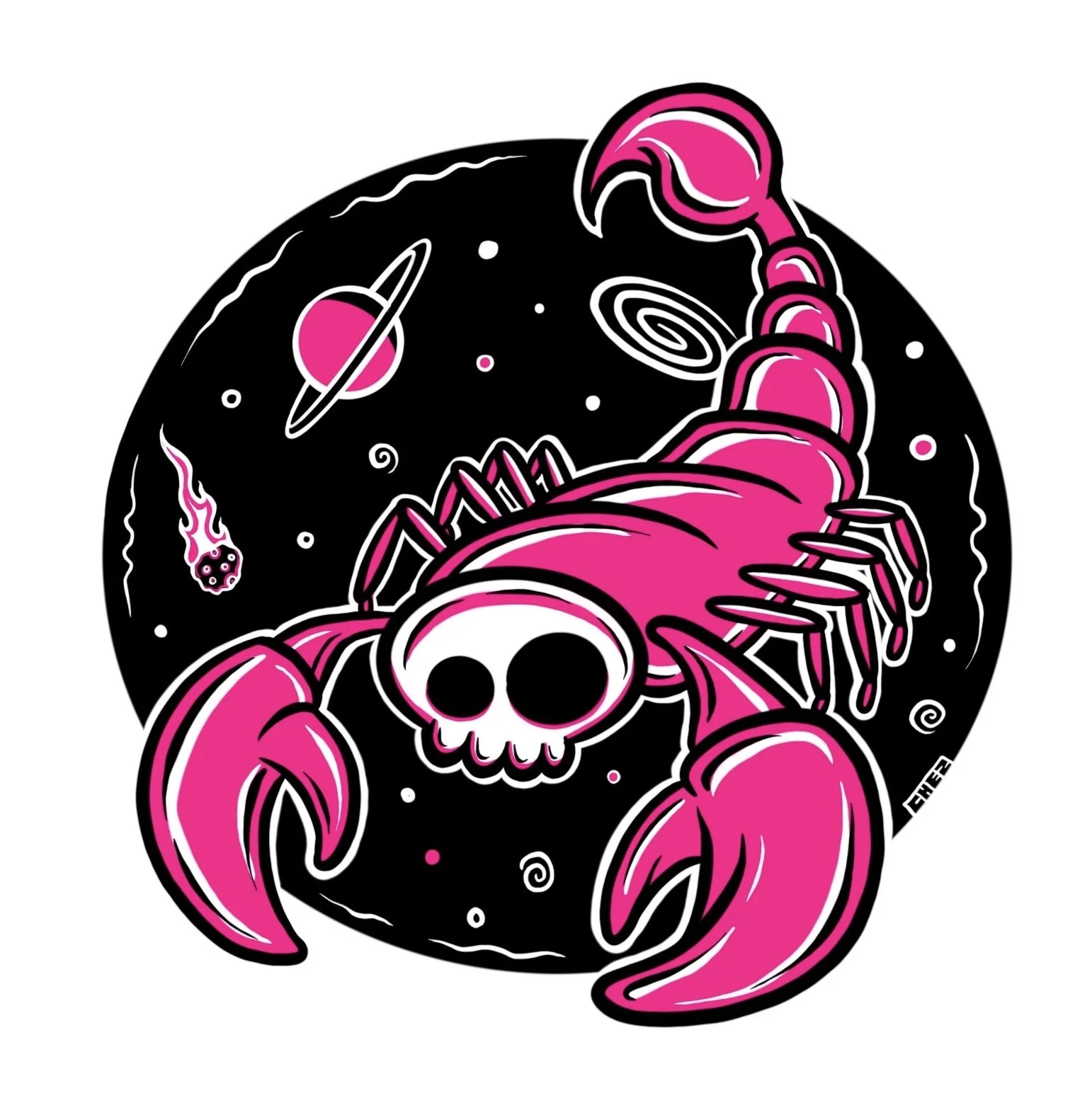 Illustration of a pink scorpion with a skull-like face on a space-themed background, featuring planets, stars, and a comet.  Illustration by Hey Chez / David Chez – Wilmington, DE