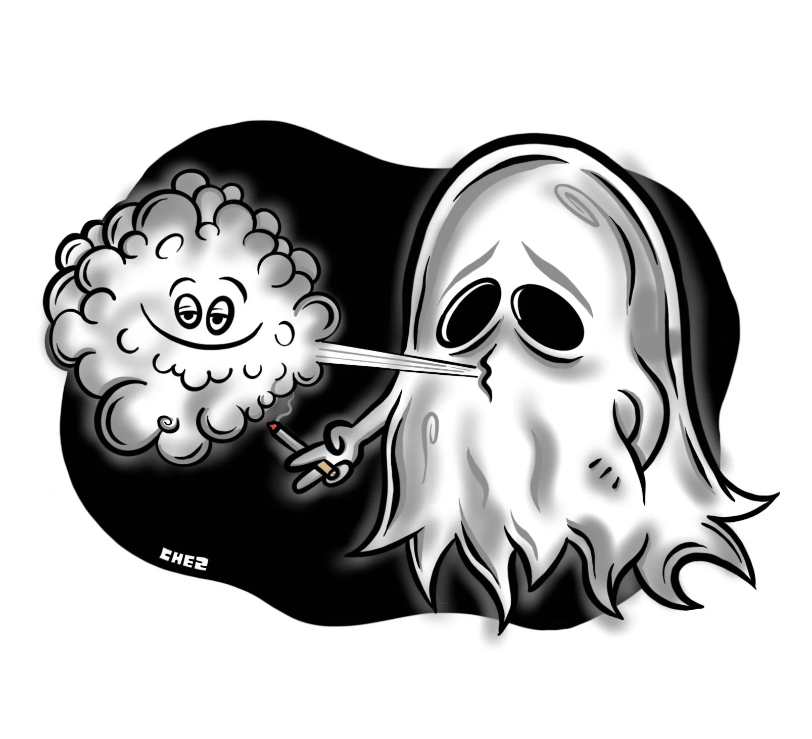 Cartoon ghost smoking with a cloud character, both having expressive faces, one holding a cigarette.  Illustration by Hey Chez / David Chez – Wilmington, DE