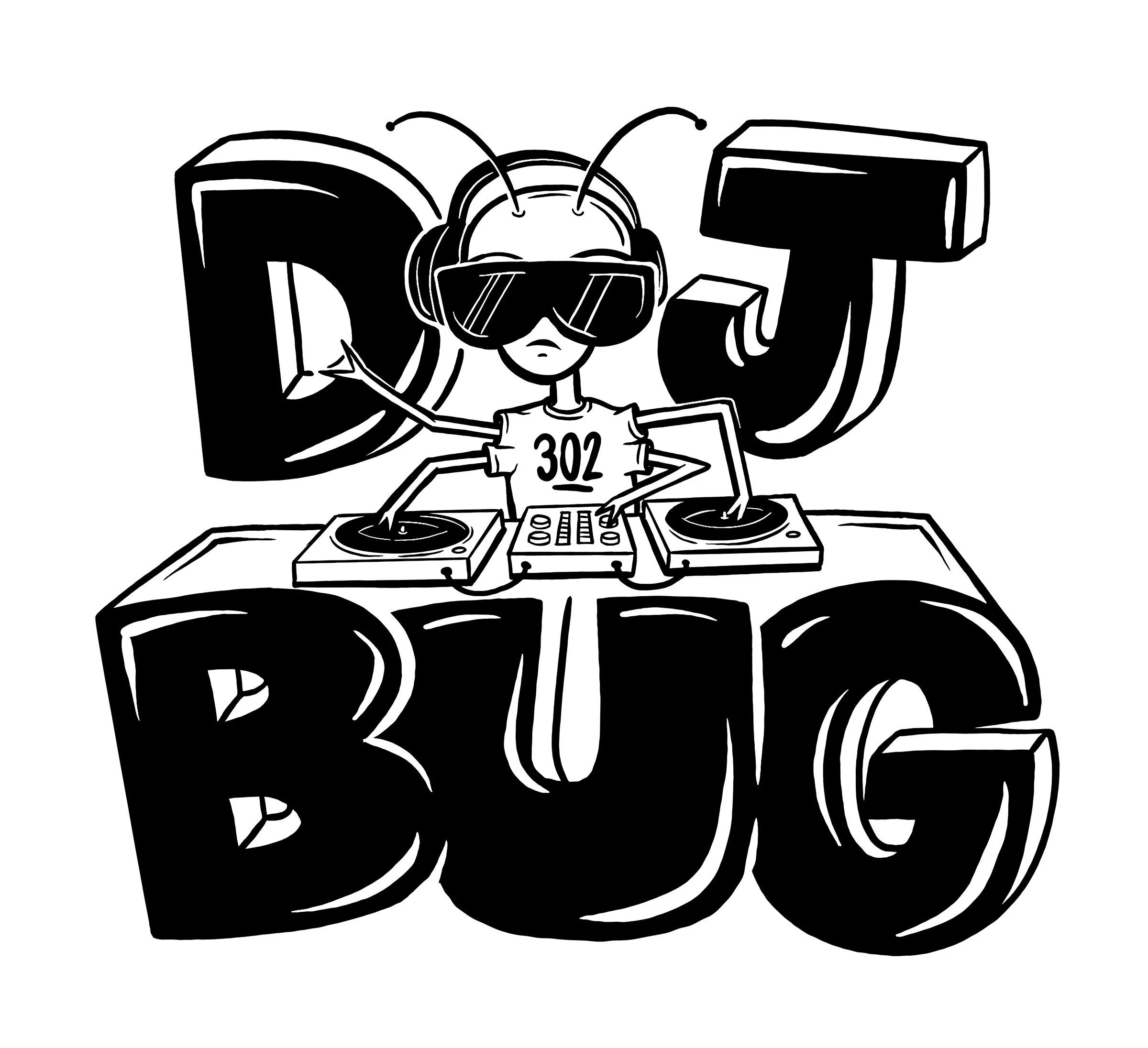 Cartoon ant DJ with headphones and turntables, text reads "DJ BUG"