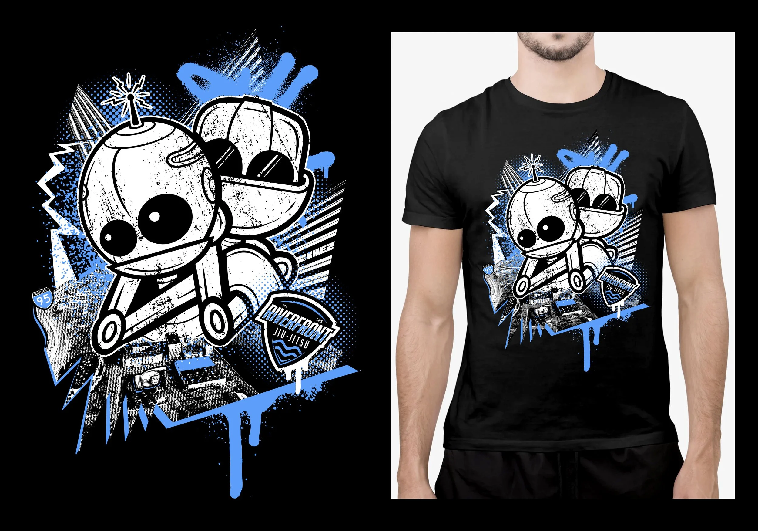 A black t-shirt featuring a cartoon robot design with a cap and sunglasses, surrounded by abstract graffiti elements and the text 'Riverfront Jiu-Jitsu.'