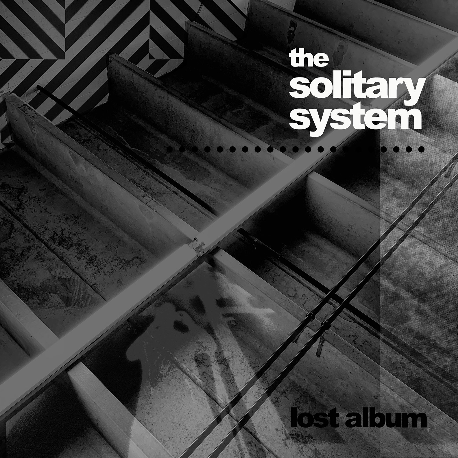 Monochrome album cover featuring concrete staircases and geometric patterns, titled "The Solitary System - Lost Album."