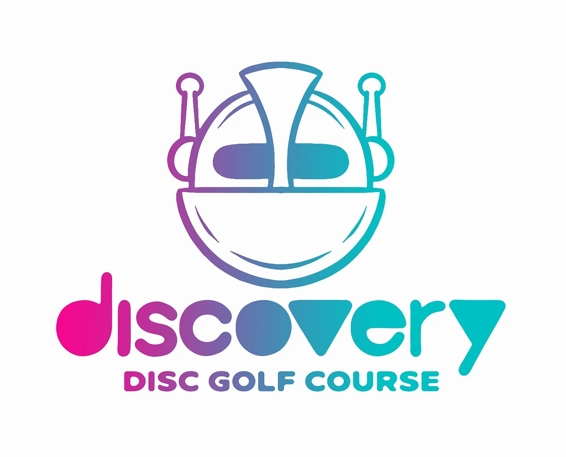Logo of "Discovery Disc Golf Course" featuring a robot face design with colorful gradient text.