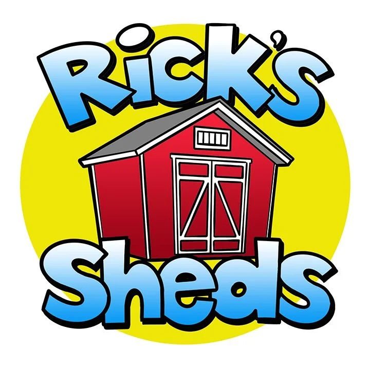 Logo for "Rick's Sheds" with a red shed illustration on a yellow background.