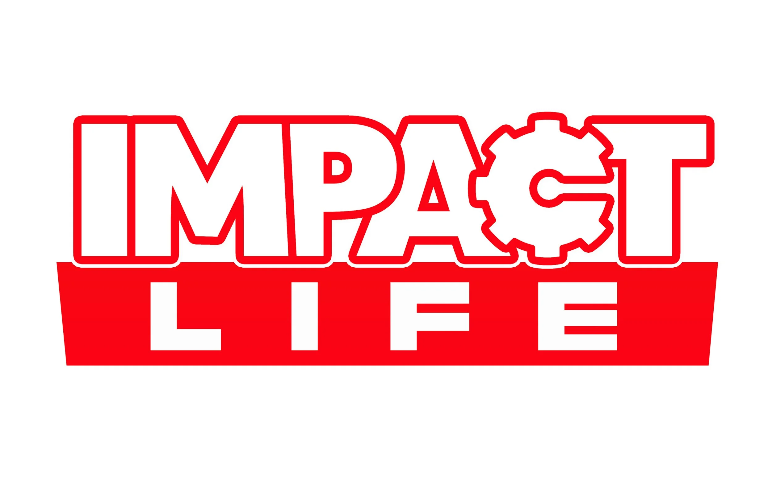 Impact Life logo with bold red text and gear design.