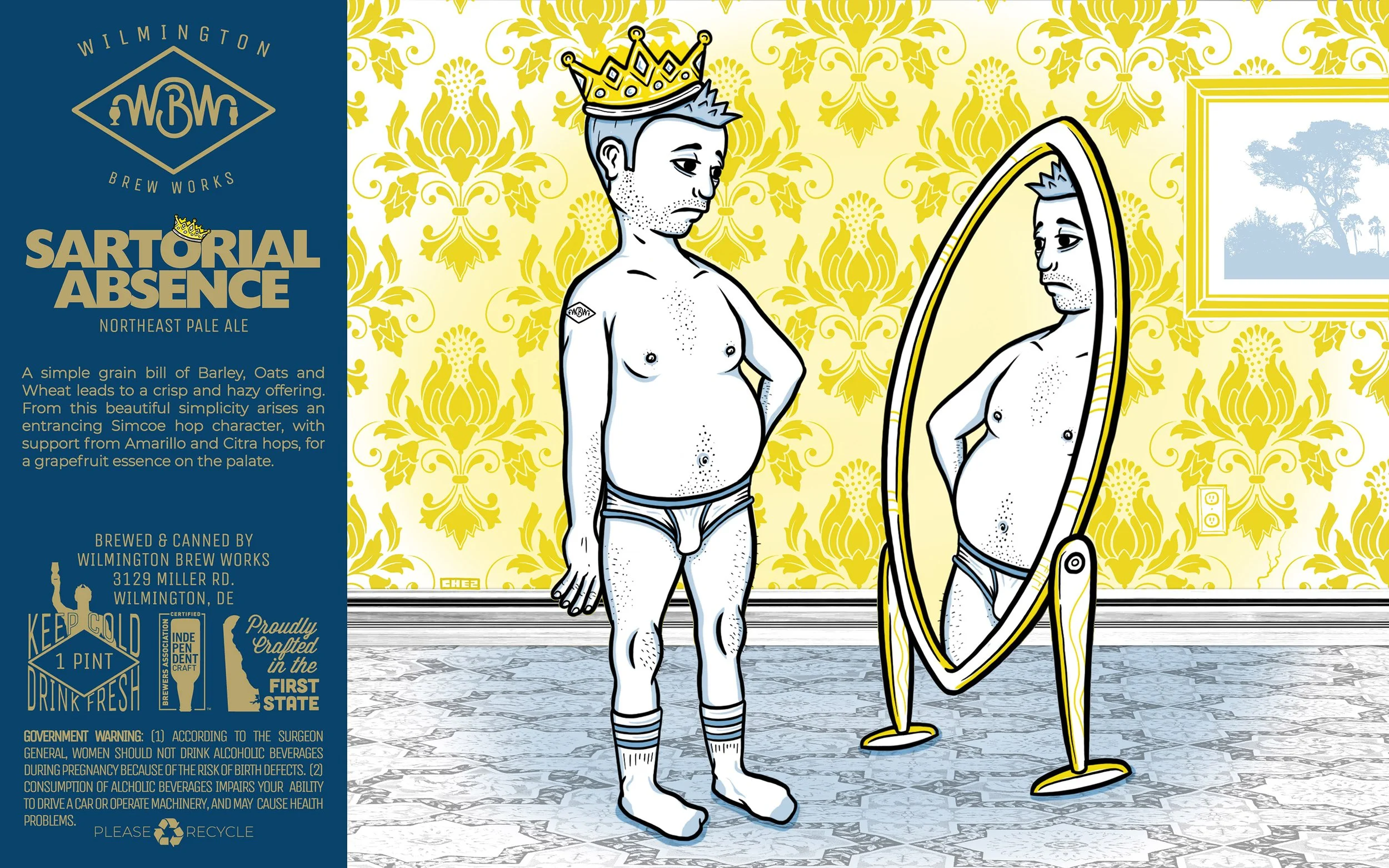 Illustration of a person wearing only underwear and a crown, looking at their reflection in a mirror. They appear to be slightly overweight. The background features yellow wallpaper with a floral pattern and a framed picture on the wall. Brewery and 