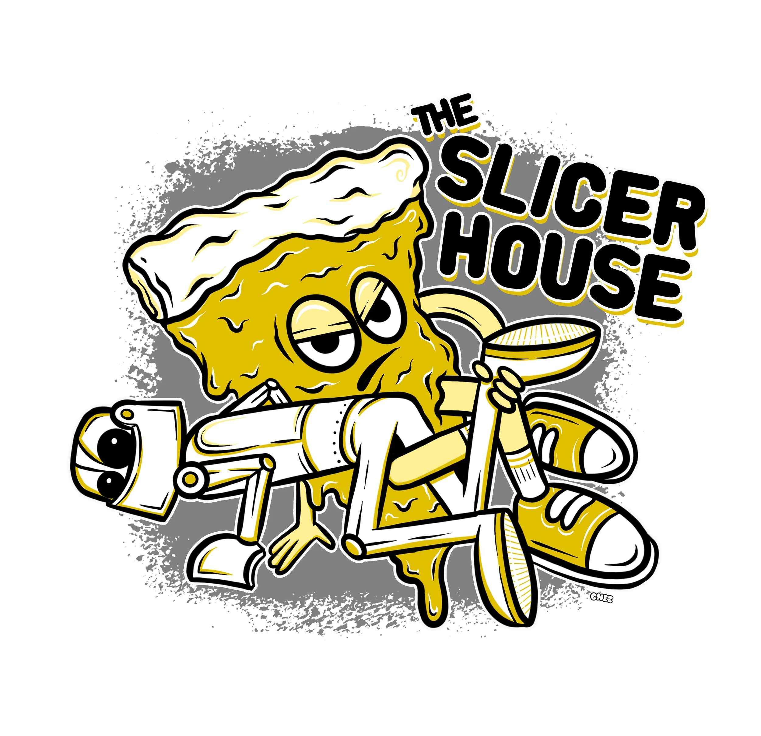 Illustration of a slice of pizza holding a robot with "The Slicer House" text