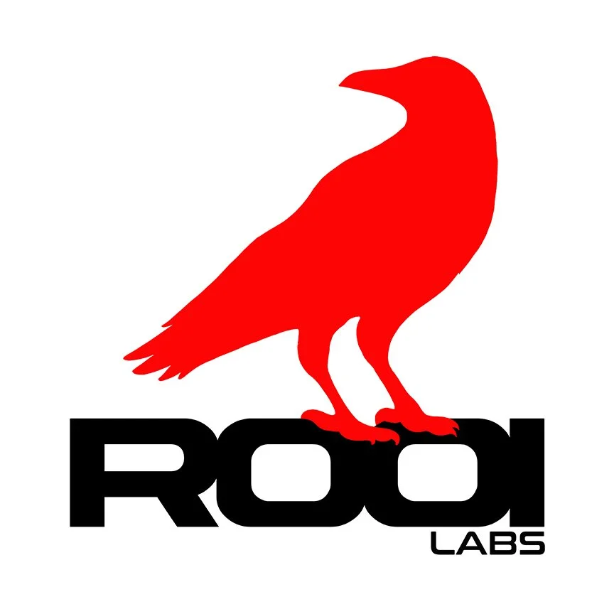 Logo featuring a red crow silhouette above the text "ROOI LABS" in black on a white background.