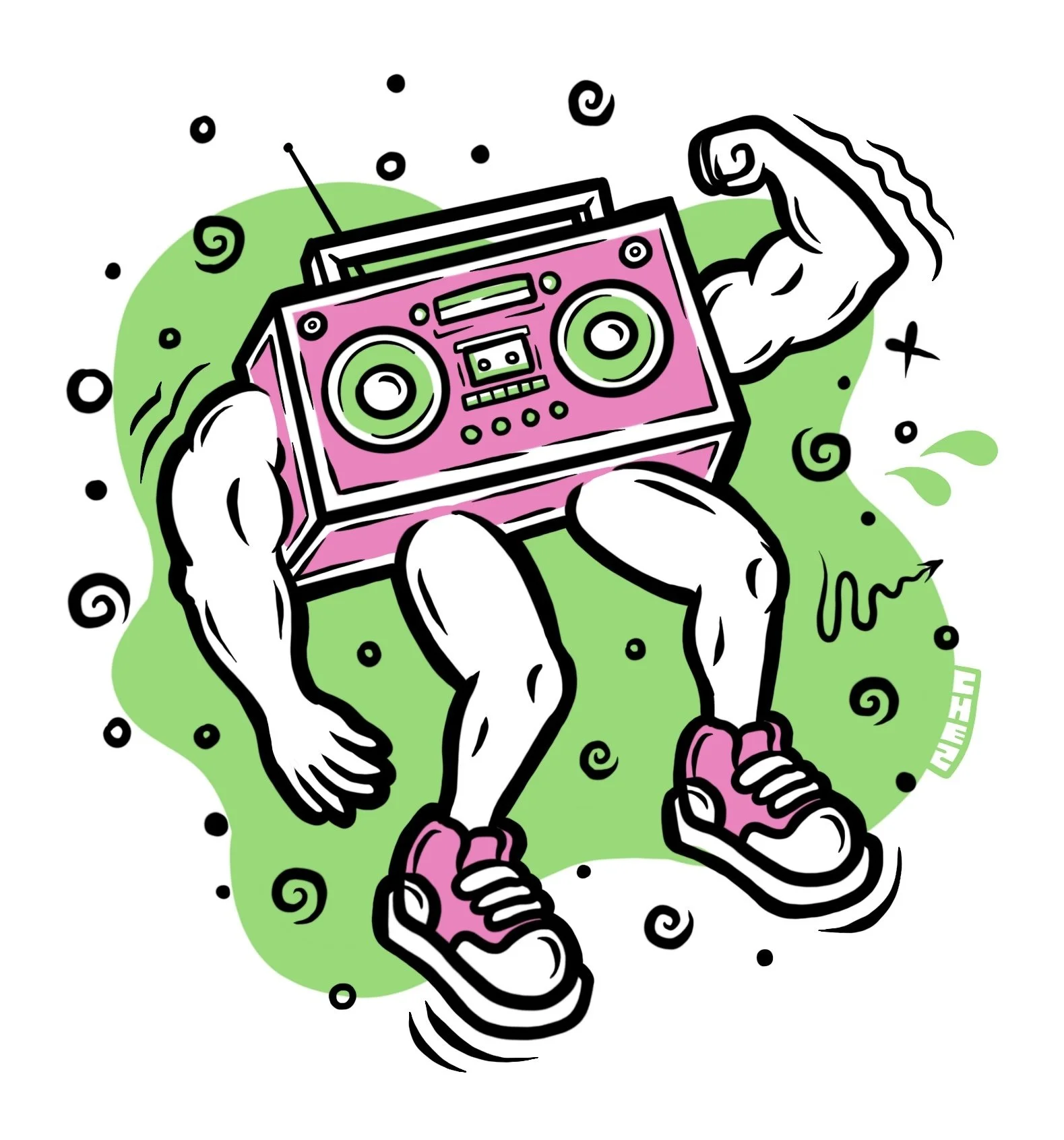 Cartoon of boombox with muscular arms and legs.Illustration by Hey Chez / David Chez – Wilmington, DE