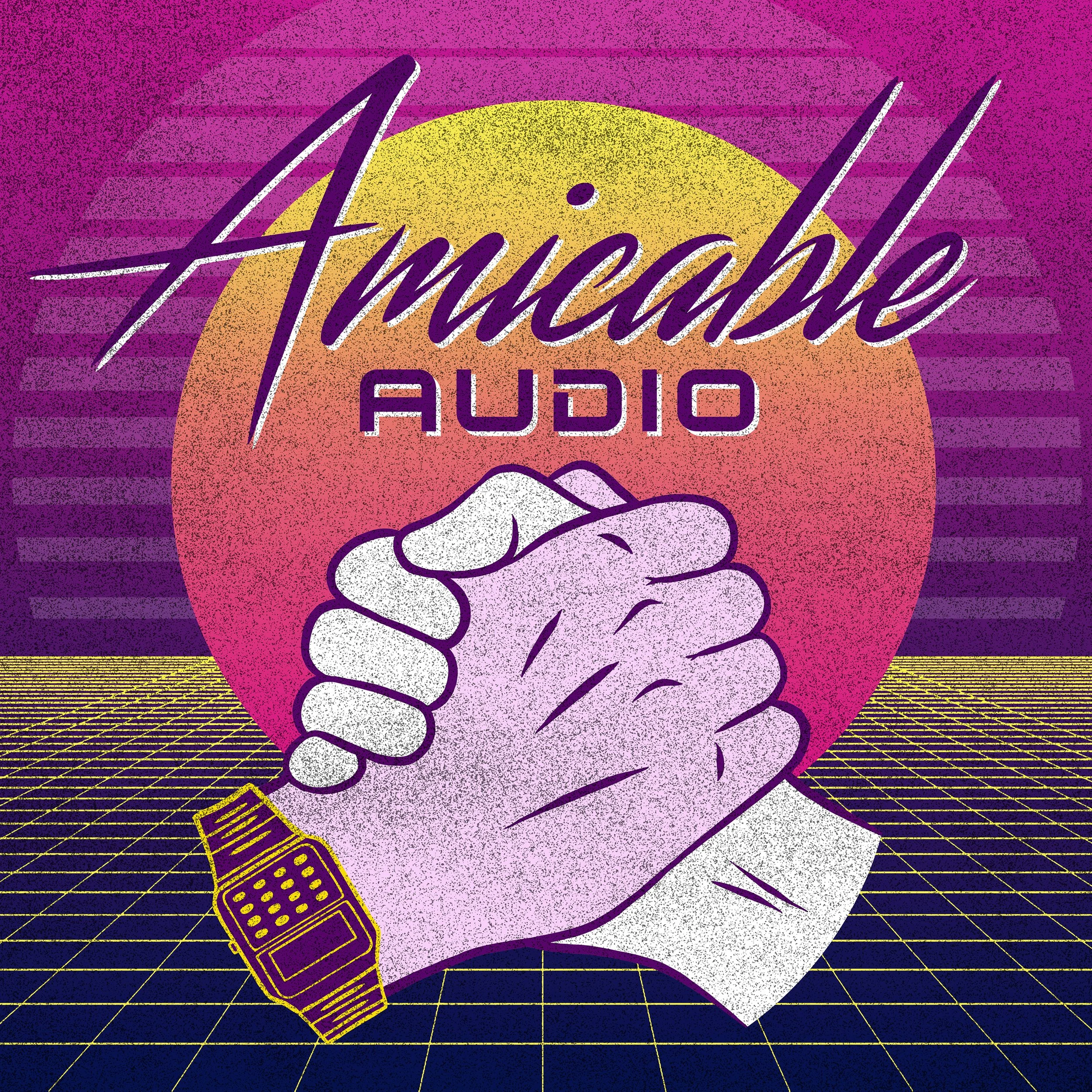 Retro-style graphic with the words 'Amicable Audio' above two hands shaking, one wearing a digital watch, set against a grid and sunset background.