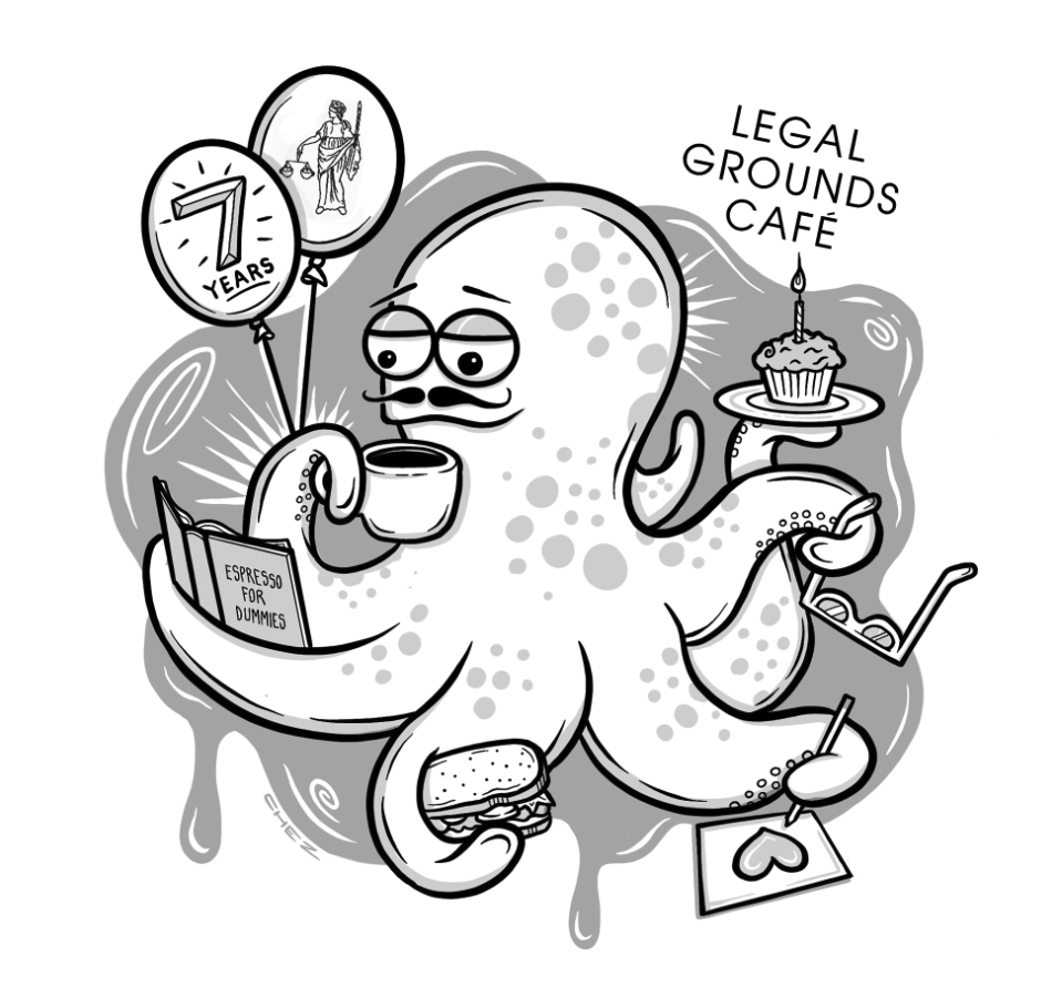Cartoon octopus at Legal Grounds Cafe celebrating 7th anniversary, holding espresso, cupcake, sandwich, book titled 'Espresso for Dummies,' drawing a heart, with party balloons.