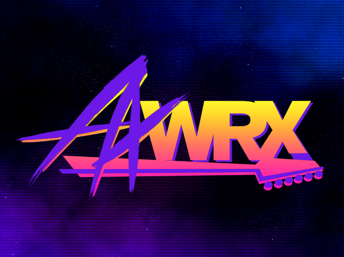 Retro-styled text "AWRX" with a vibrant purple and yellow gradient, featuring sharp angles and a neon aesthetic against a dark blue and black cosmic background.
