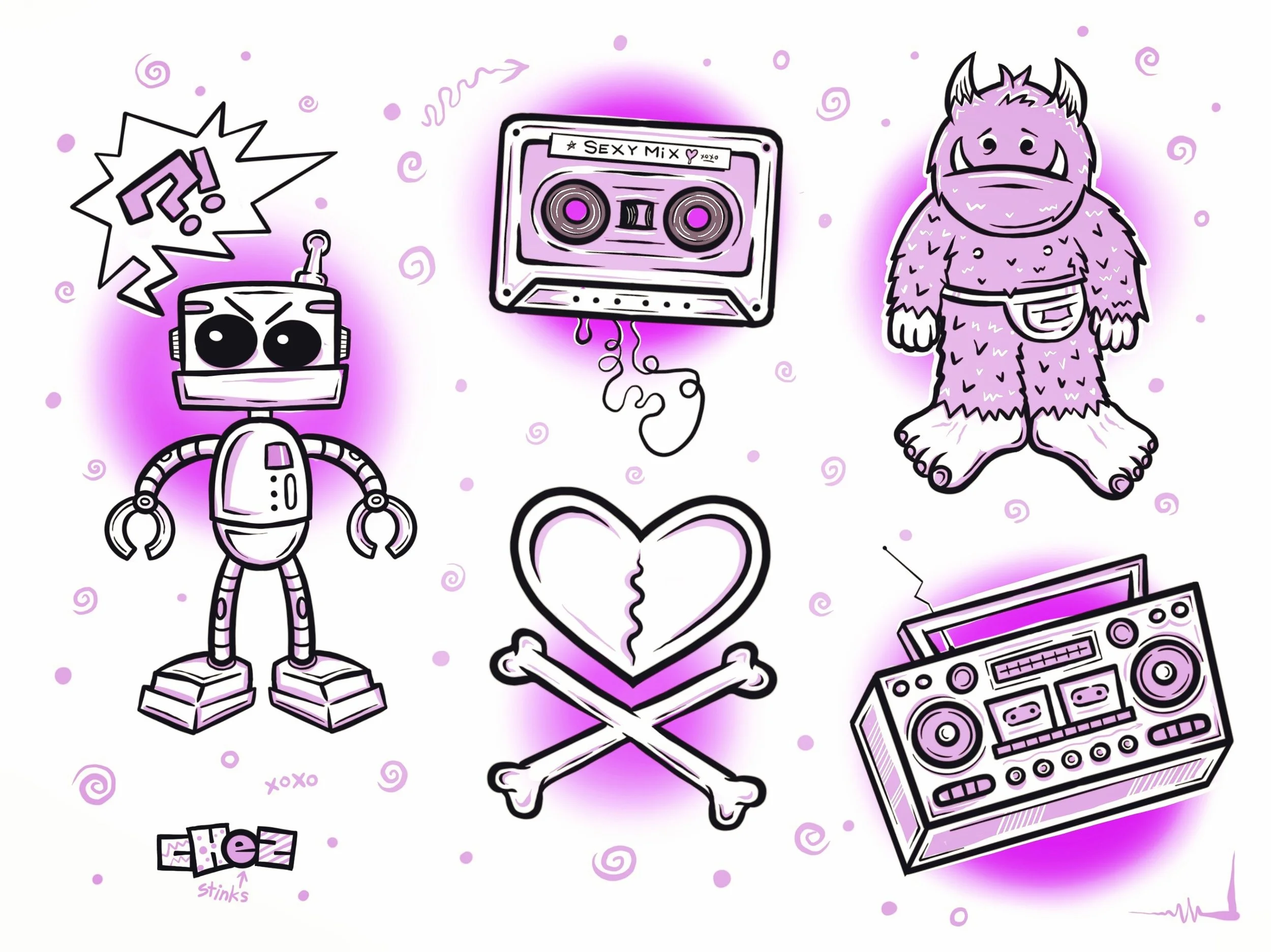 Tattoo flash of a robot, a cassette tape labeled 'Sexy Mix', a furry creature with horns, a broken heart with crossbones, and a boombox, all with purple accents. Illustration by Hey Chez / David Chez – Wilmington, DE