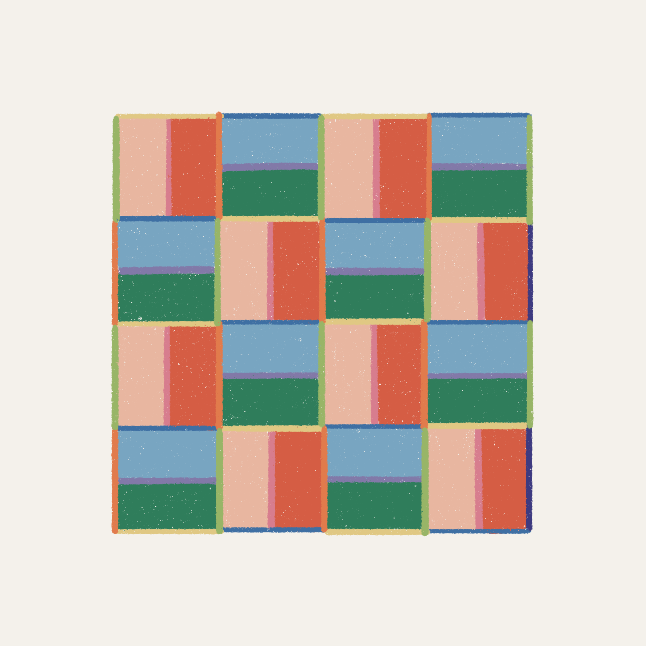 Colorful, textured grid pattern with overlapping rectangles on an off white background.