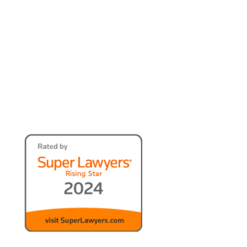 A digital badge from Super Lawyers Rising Star 2024 with a black background, featuring the Super Lawyers logo, the year 2024, and a URL to visit their website.