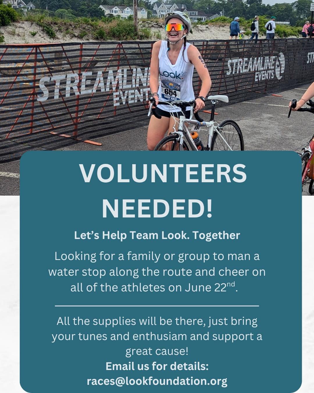 💦 WATER STOP VOLUNTEERS NEEDED! 💦
Looking for a fun and meaningful way to support Team LOOK during the Cohasset Triathlon on June 22nd? 

Grab your friends, your family, or your local crew and help us cheer, hydrate, and motivate athletes racing to
