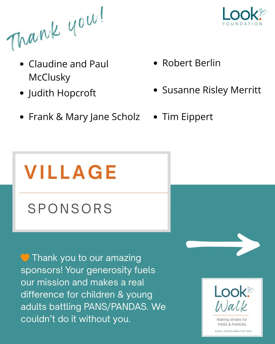A big thank you to our Village Sponsors! 
Your generosity builds the foundation of support families need as they face the challenges of PANS/PANDAS.🧡
Because of you, more children and young adults have a path to healing and hope. 
We&rsquo;re so pro